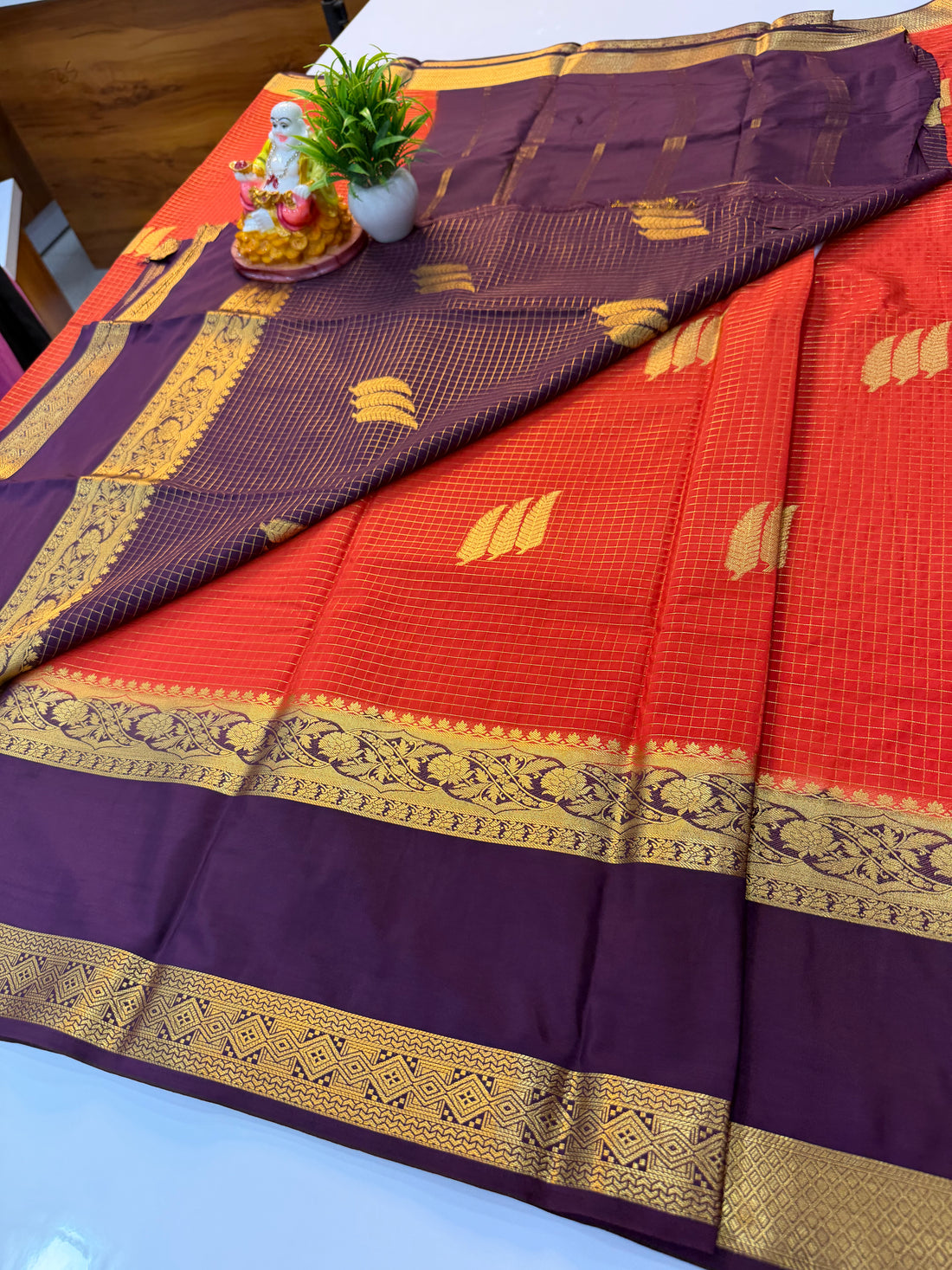 Premium Mysore Crepe Silk Saree with Checks Pattern & Bentex Border | Padmavathi Silks and Sarees