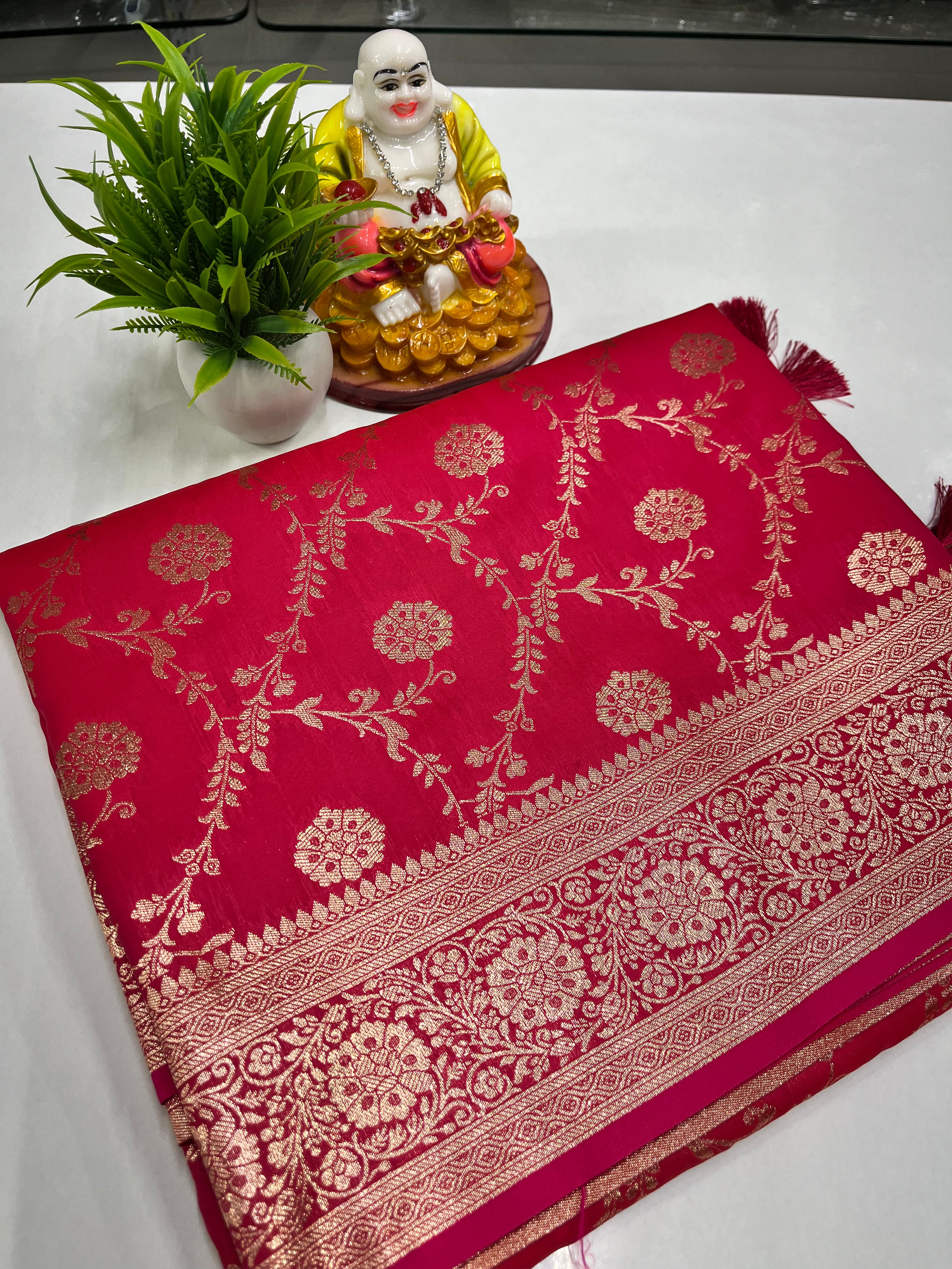 Elegant Satin Saree with Meenakari Design and Butta Blouse