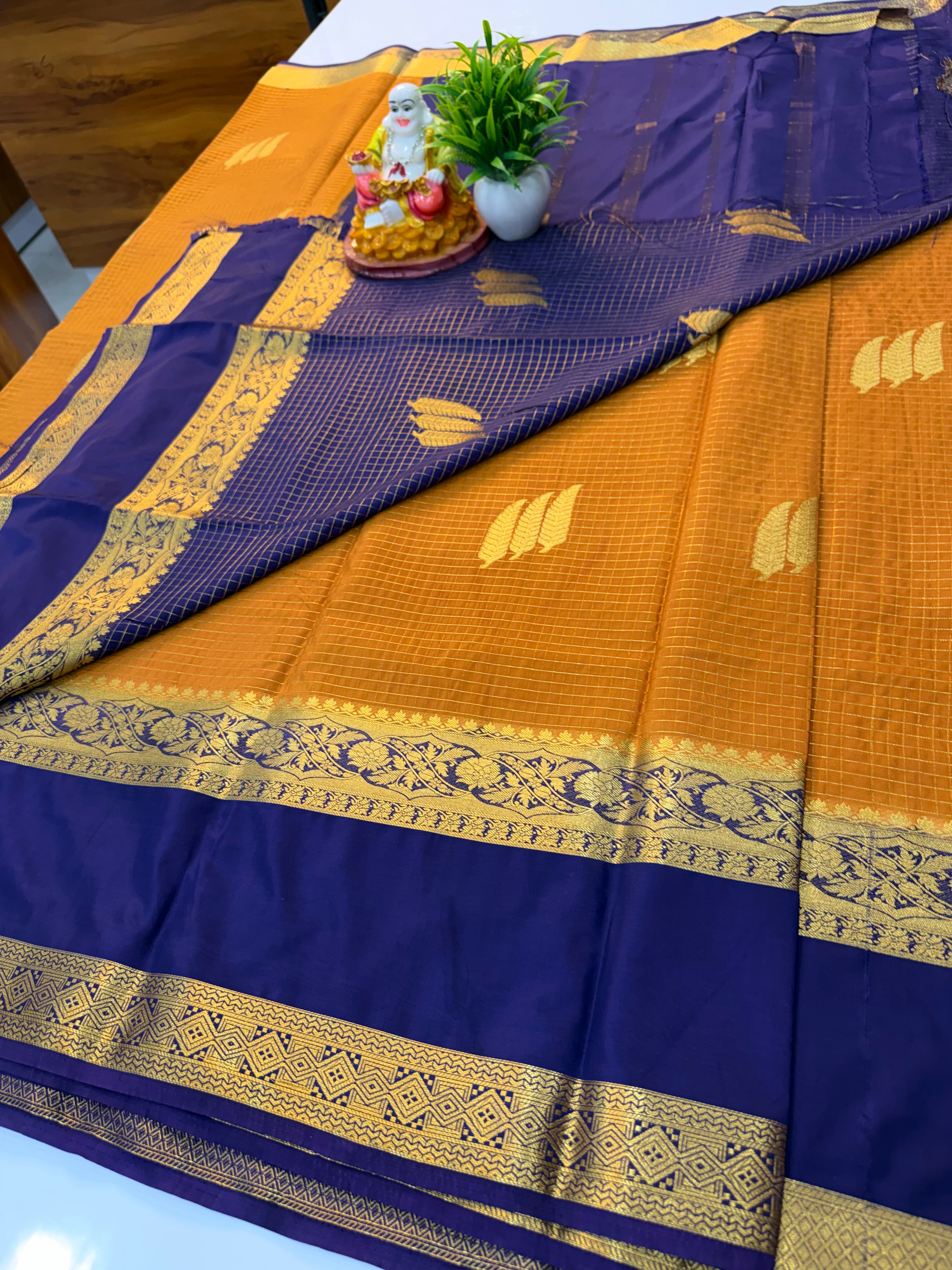 Premium Mysore Crepe Silk Saree with Checks Pattern & Bentex Border | Padmavathi Silks and Sarees