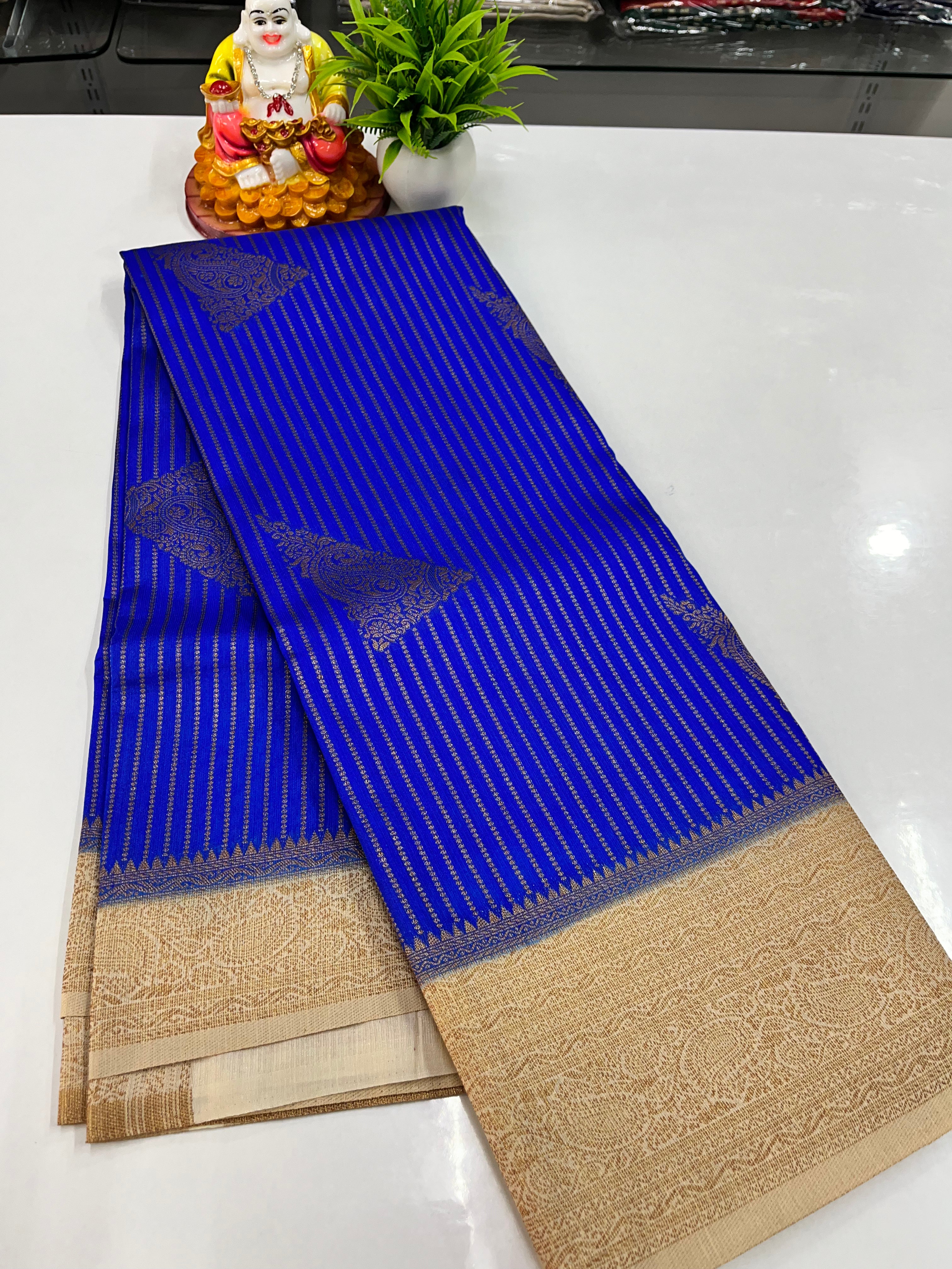 Premium Raw Silk Saree with Golden Zari Stripes – Padmavathi Silks & Sarees