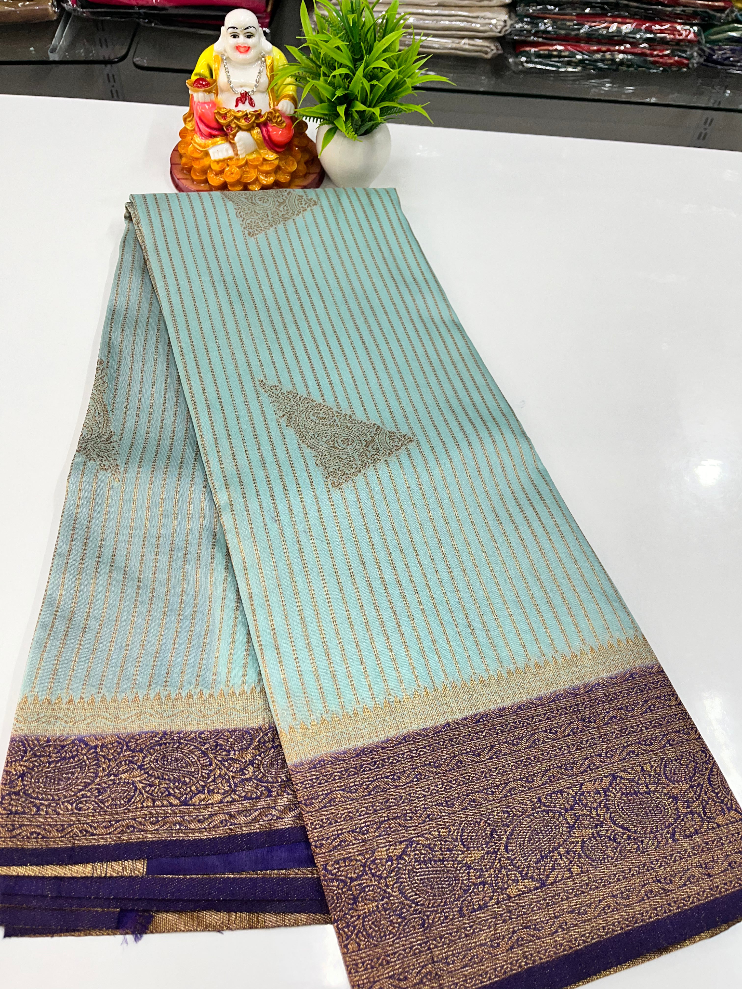 Premium Raw Silk Saree with Golden Zari Stripes – Padmavathi Silks & Sarees