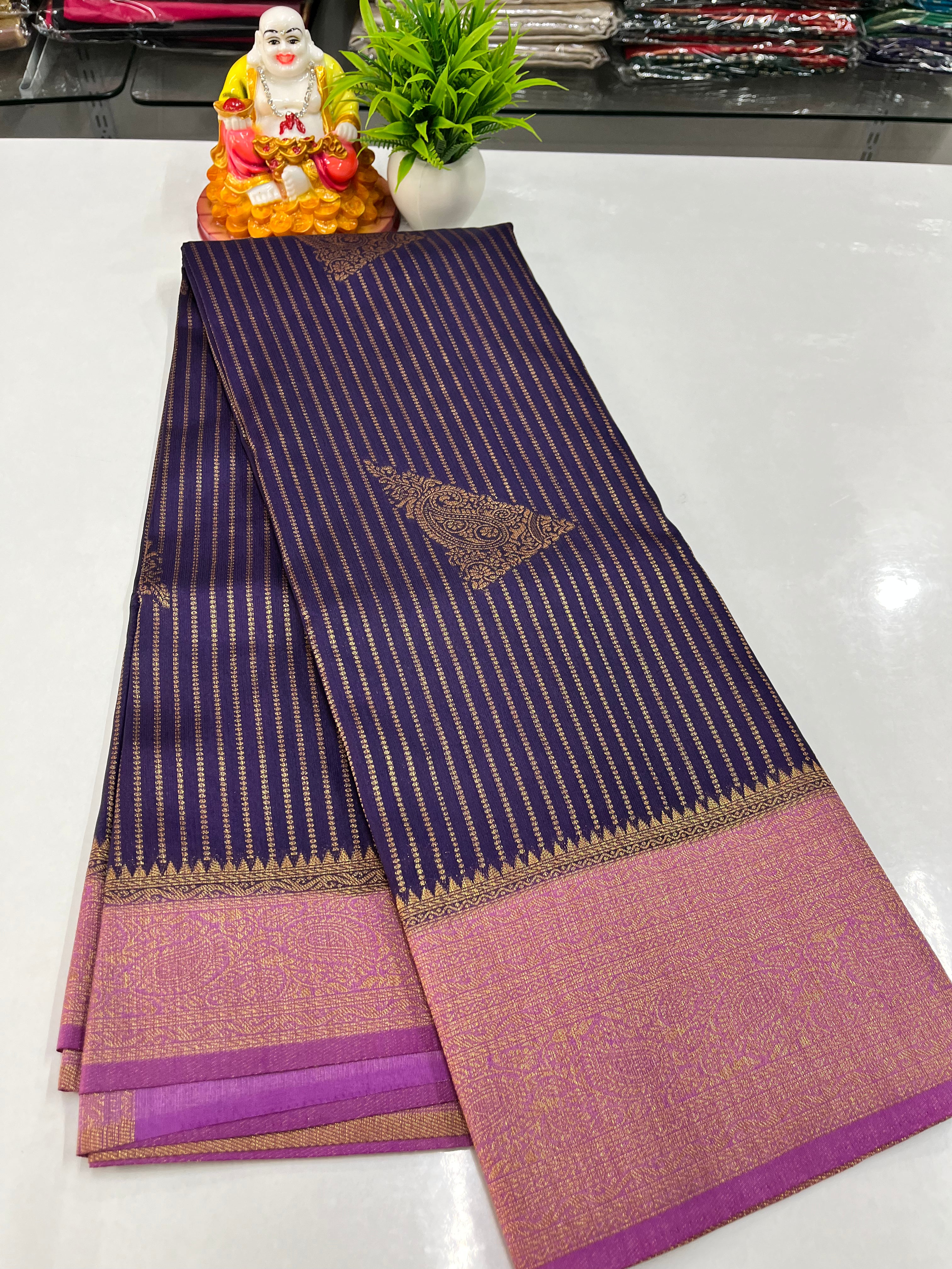 Premium Raw Silk Saree with Golden Zari Stripes – Padmavathi Silks & Sarees