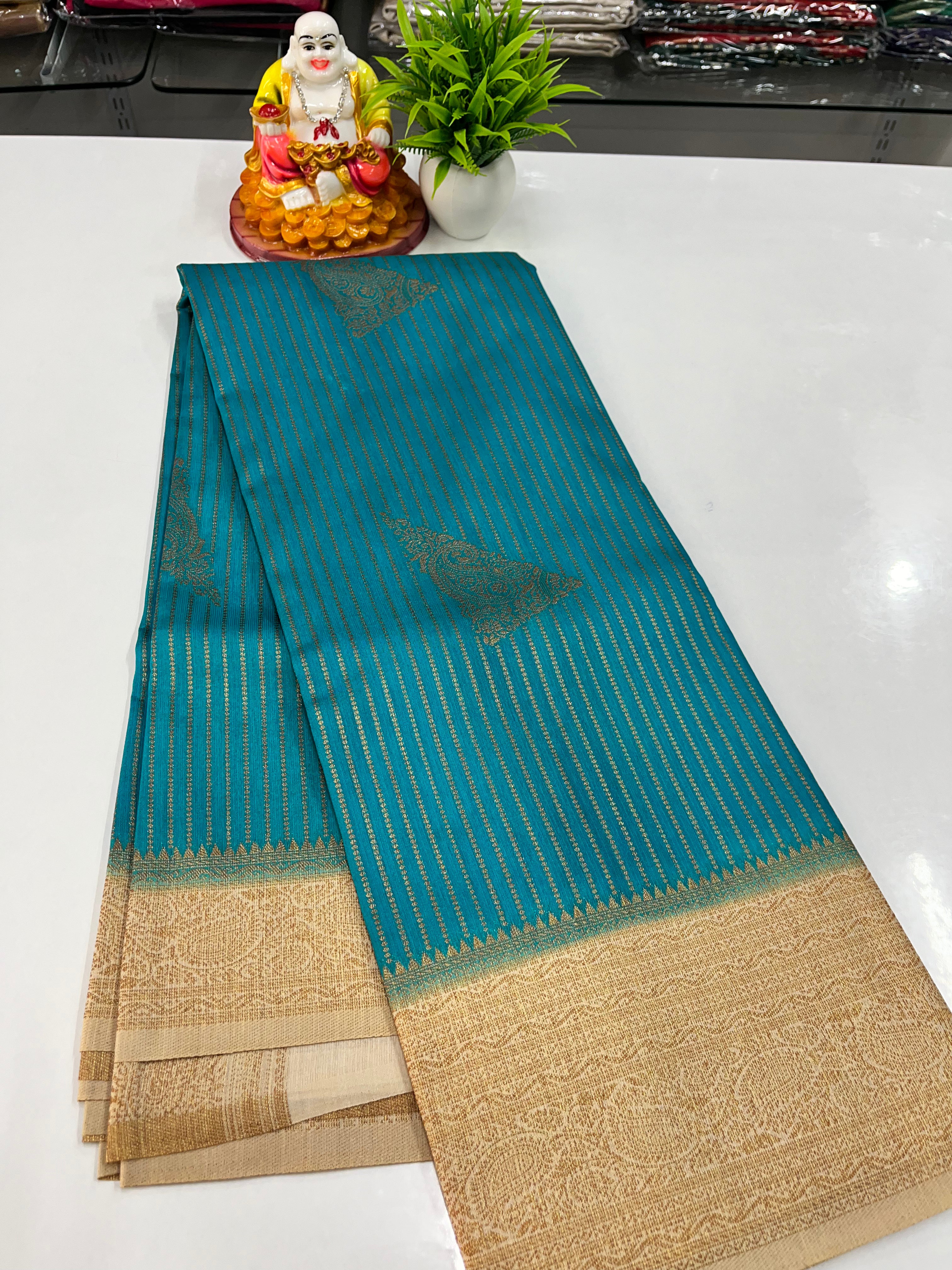 Premium Raw Silk Saree with Golden Zari Stripes – Padmavathi Silks & Sarees