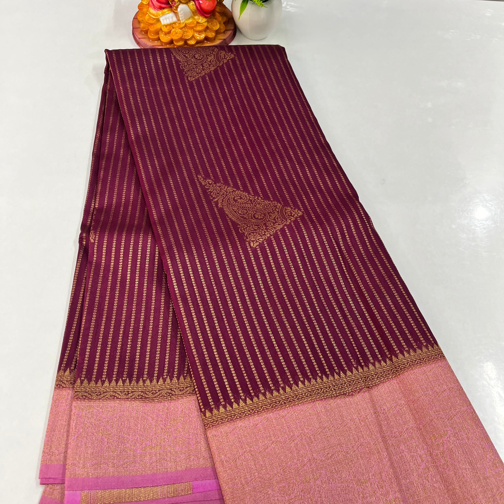Premium Raw Silk Saree with Golden Zari Stripes – Padmavathi Silks & Sarees