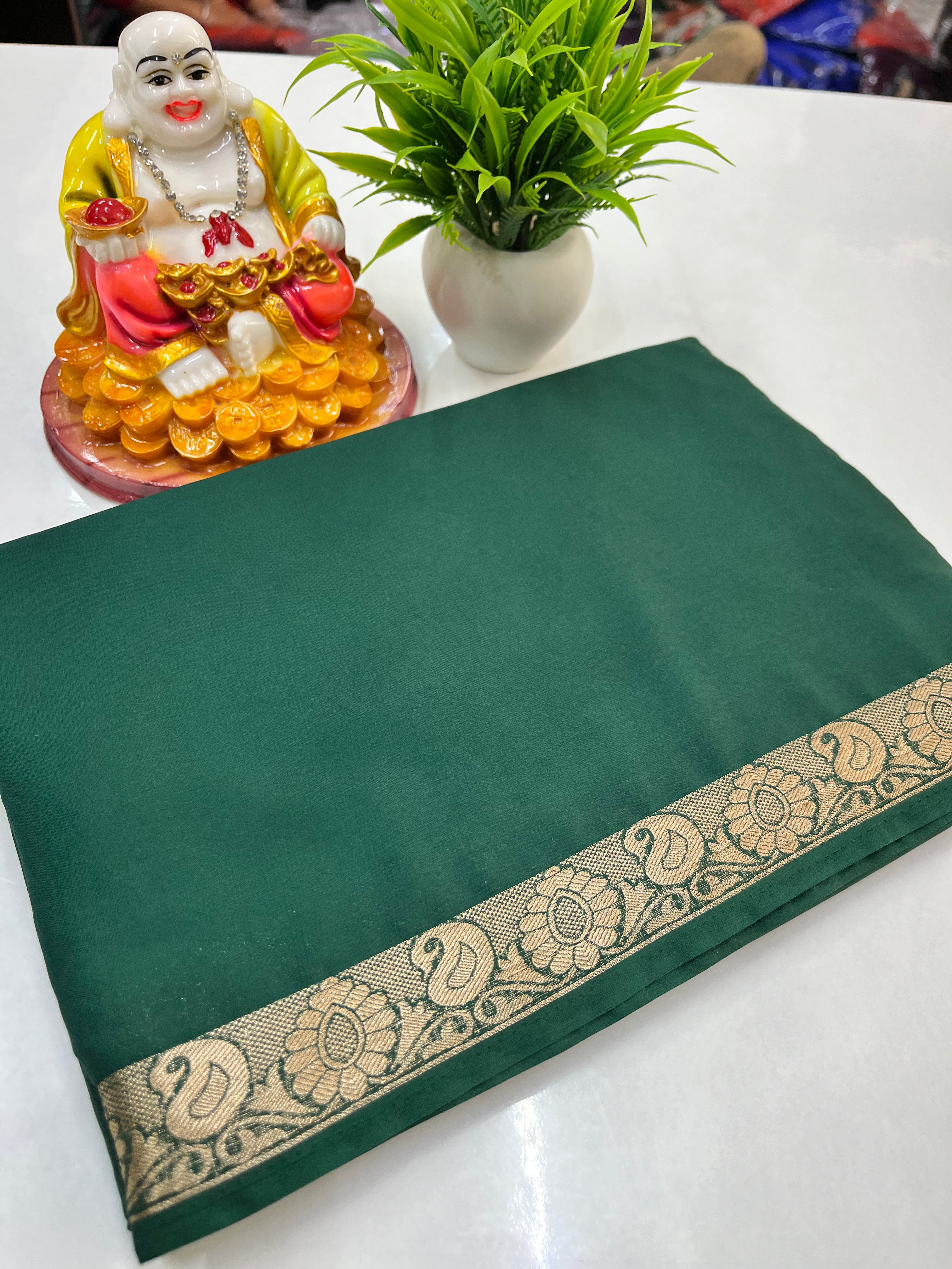 Crape Mysore Silk Saree with Beautiful Small Mango Border – Padmavathi Silks & Sarees