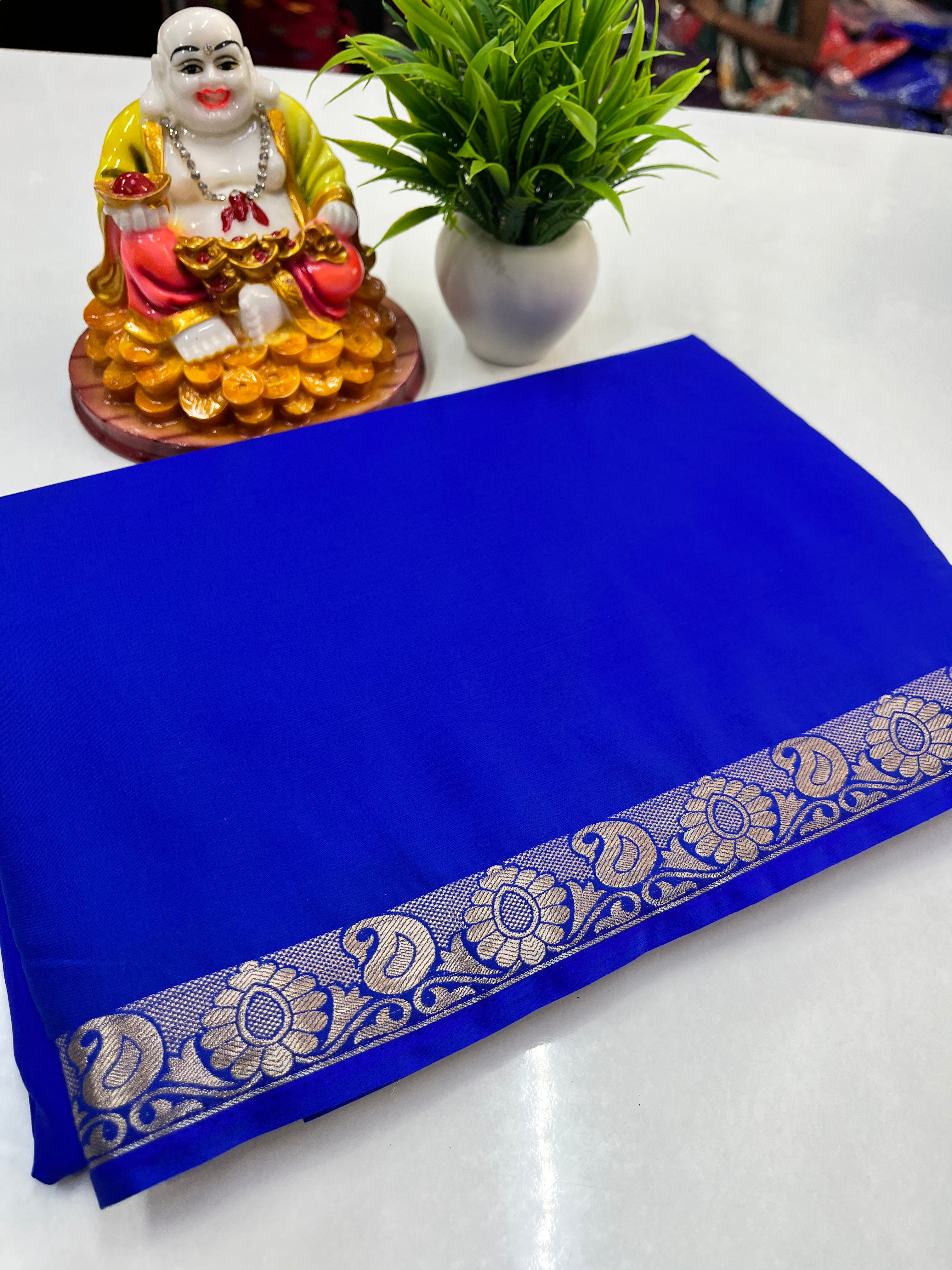 Crape Mysore Silk Saree with Beautiful Small Mango Border – Padmavathi Silks & Sarees