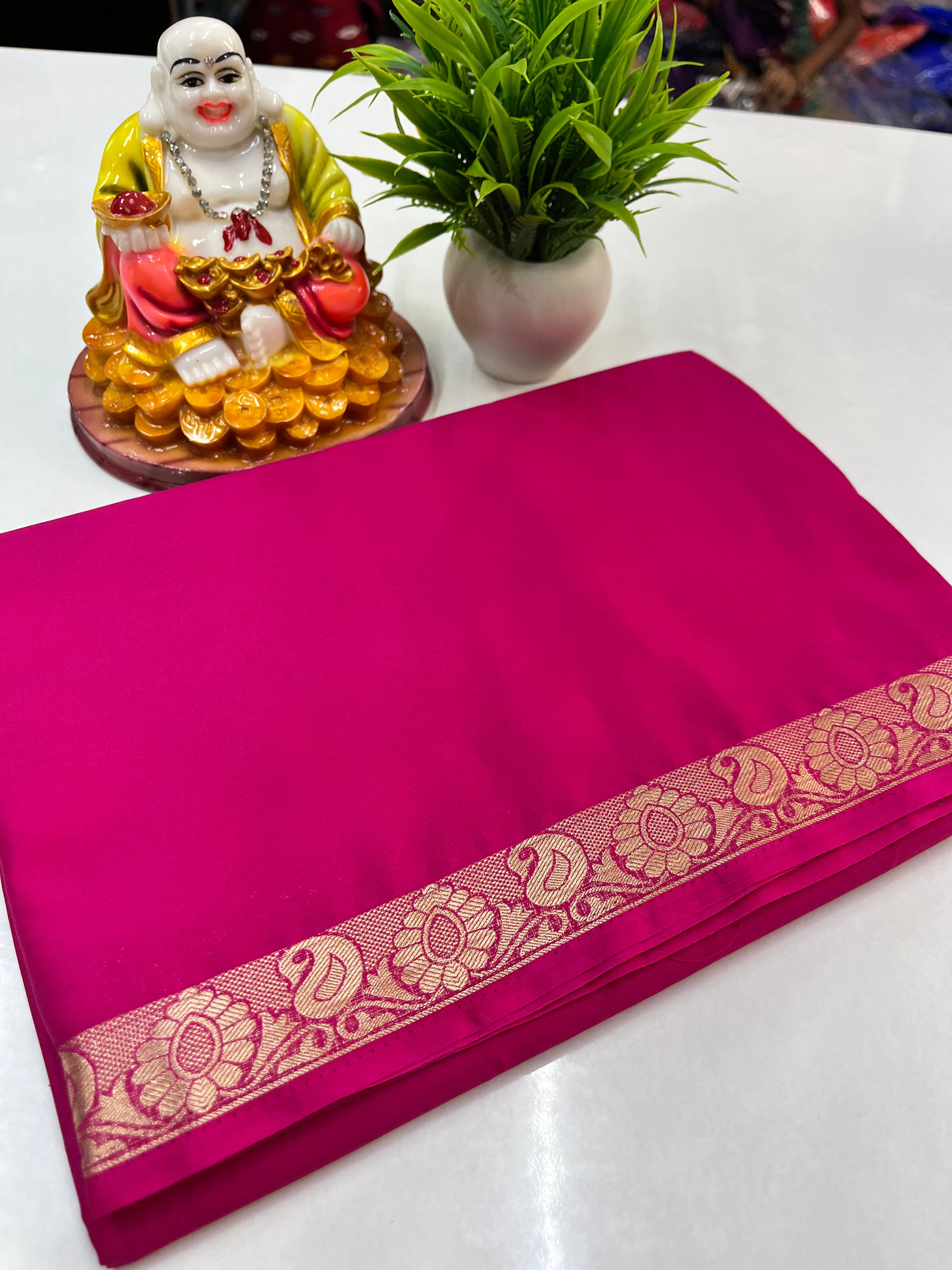 Crape Mysore Silk Saree with Beautiful Small Mango Border – Padmavathi Silks & Sarees