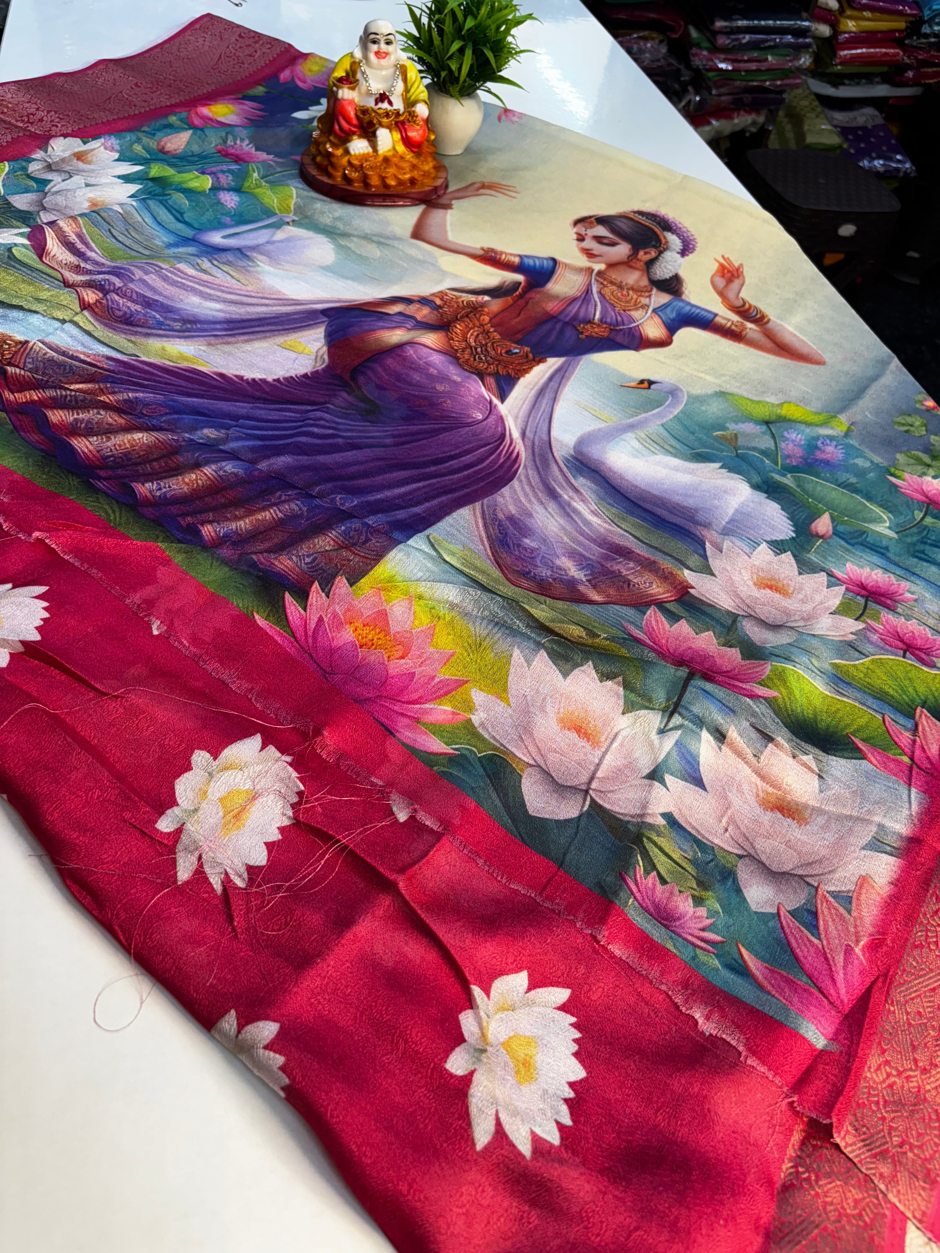 Beautiful Designer Wear Saree with Lotus Digital Print – Padmavathi Silks and Sarees