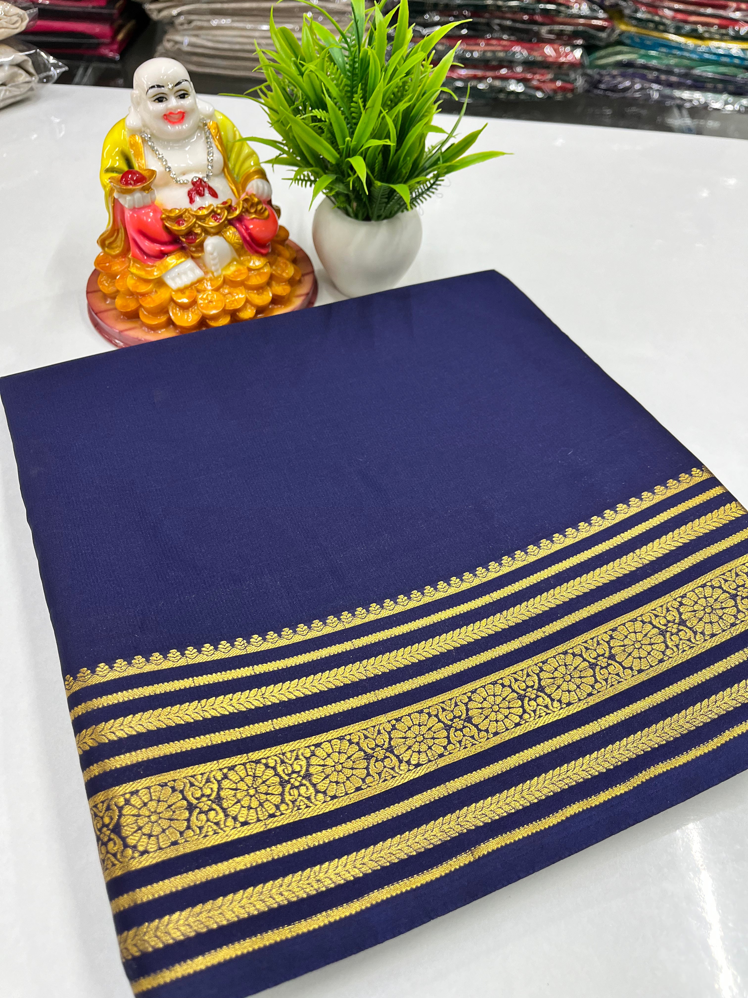 Mysore Crepe Silk Saree with Beautiful Border & Chit Pallu – Padmavathi Silks and Sarees