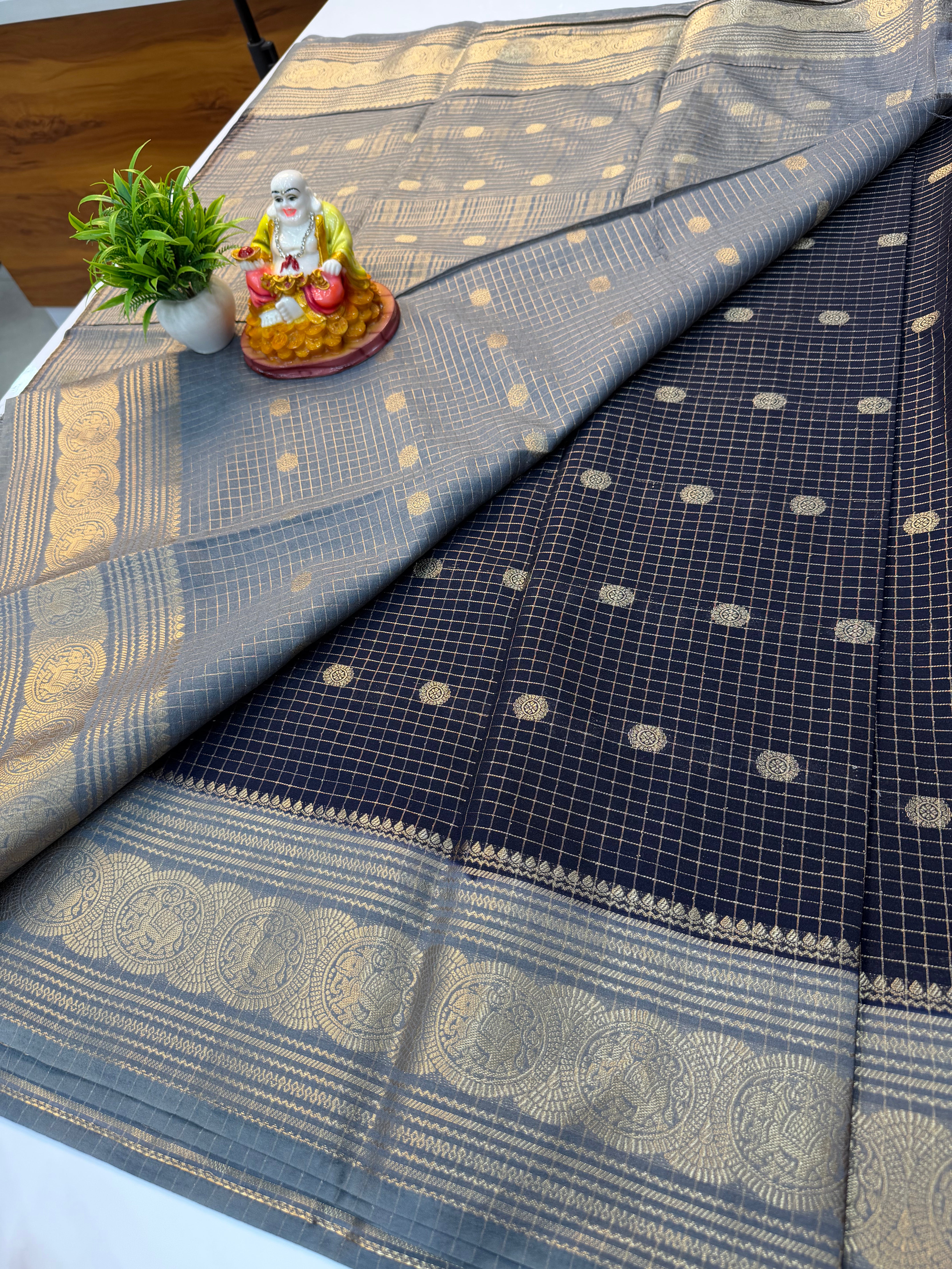Mysore Crepe Silk Saree with Checks Pattern, Buttas & Elephant Border