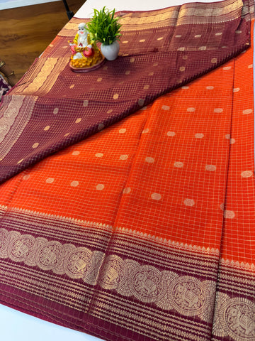 Mysore Crepe Silk Saree with Checks Pattern, Buttas & Elephant Border