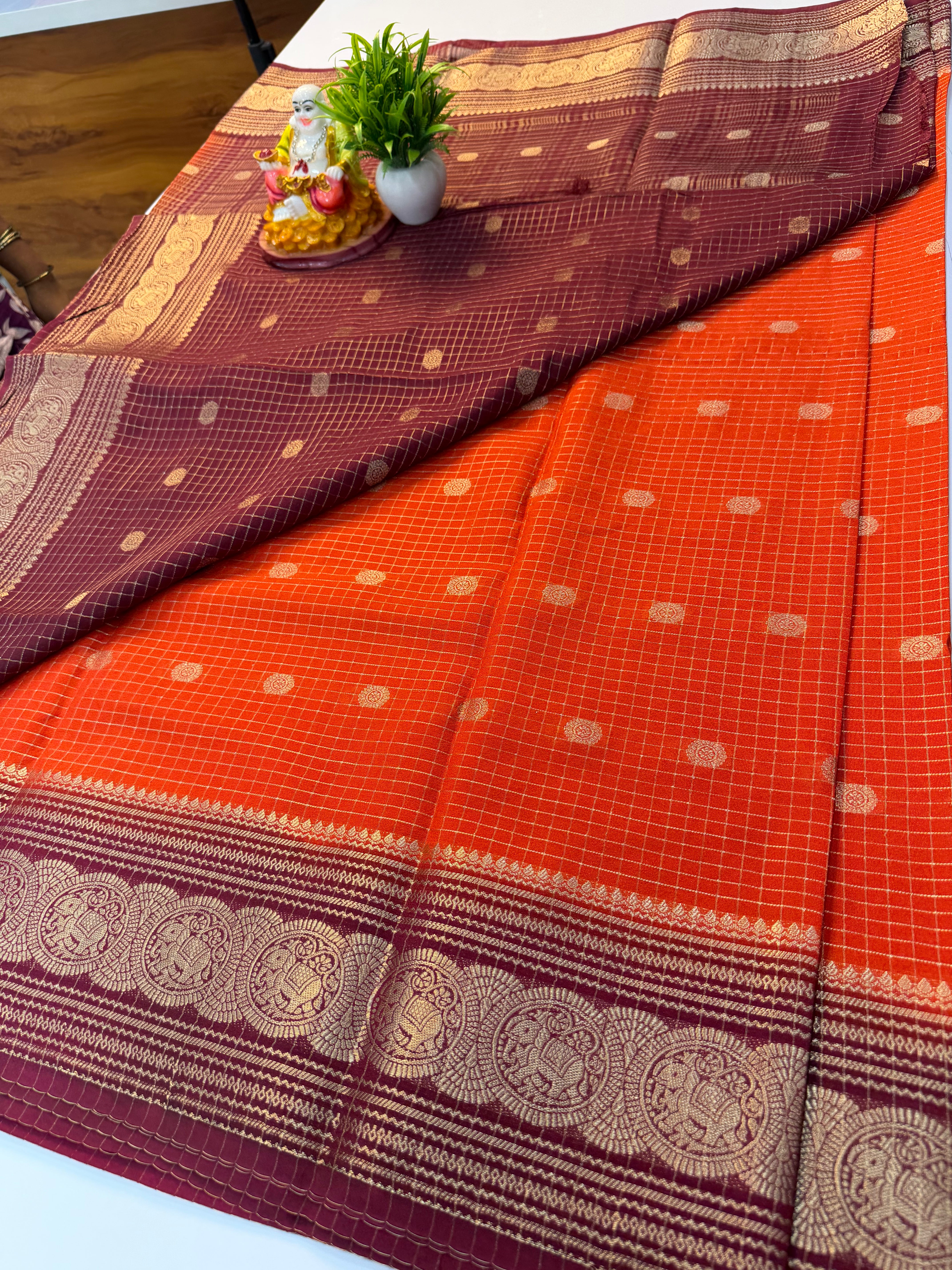 Mysore Crepe Silk Saree with Checks Pattern, Buttas & Elephant Border