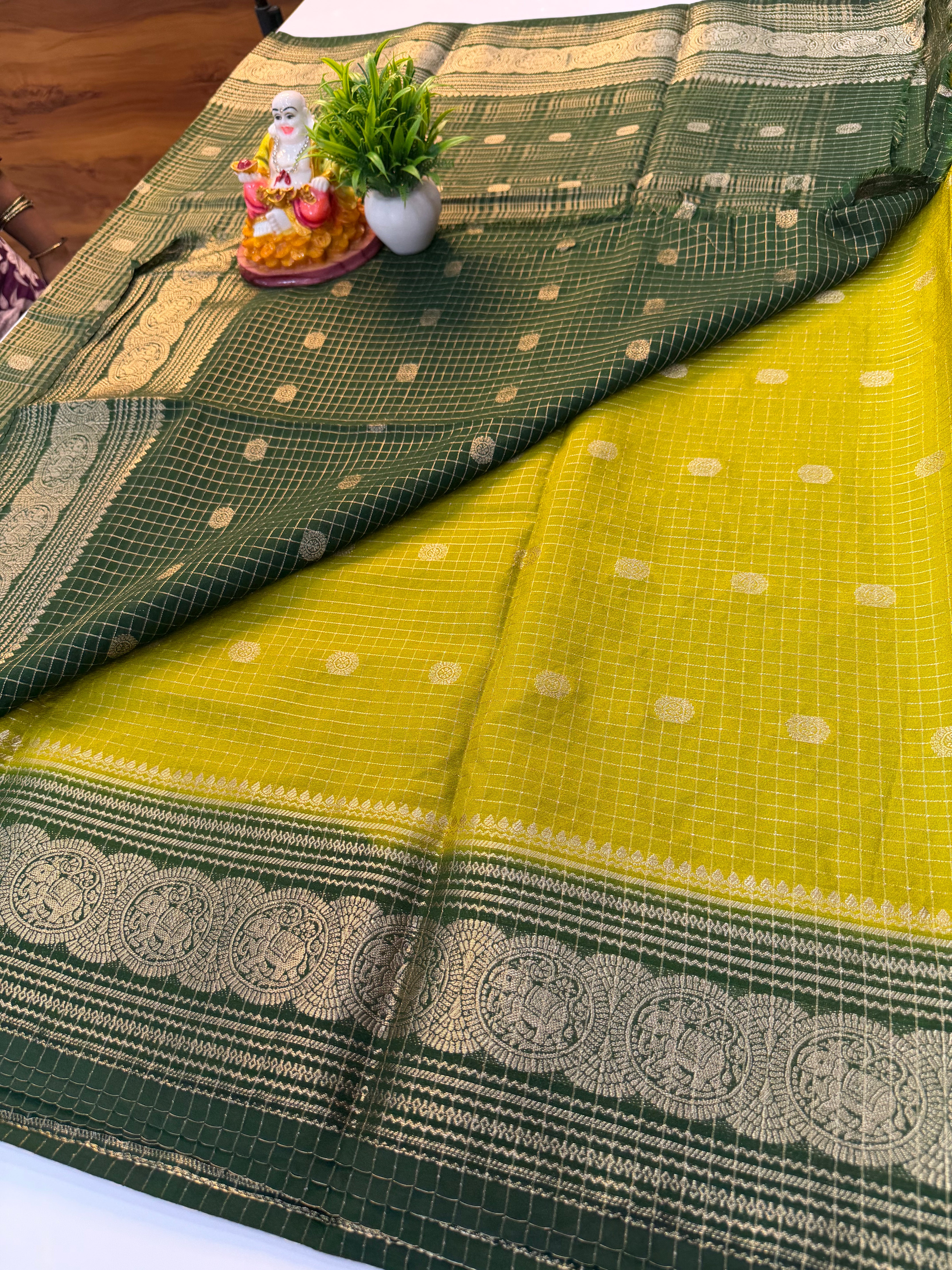 Mysore Crepe Silk Saree with Checks Pattern, Buttas & Elephant Border