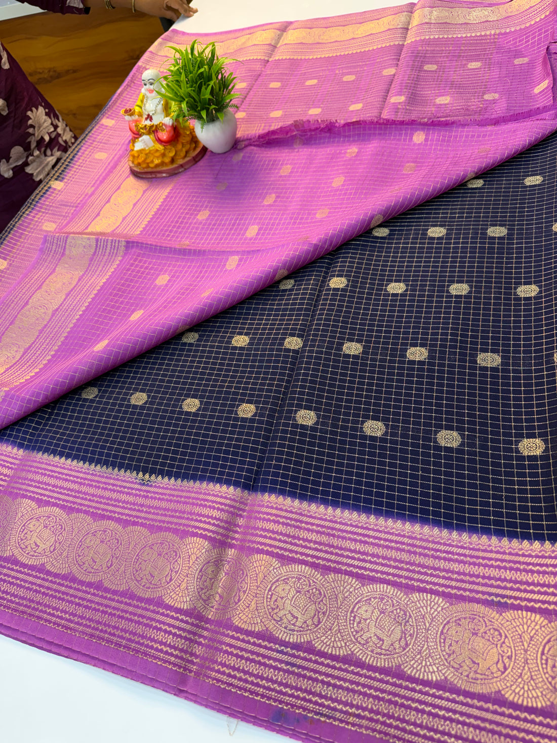 Mysore Crepe Silk Saree with Checks Pattern, Buttas & Elephant Border