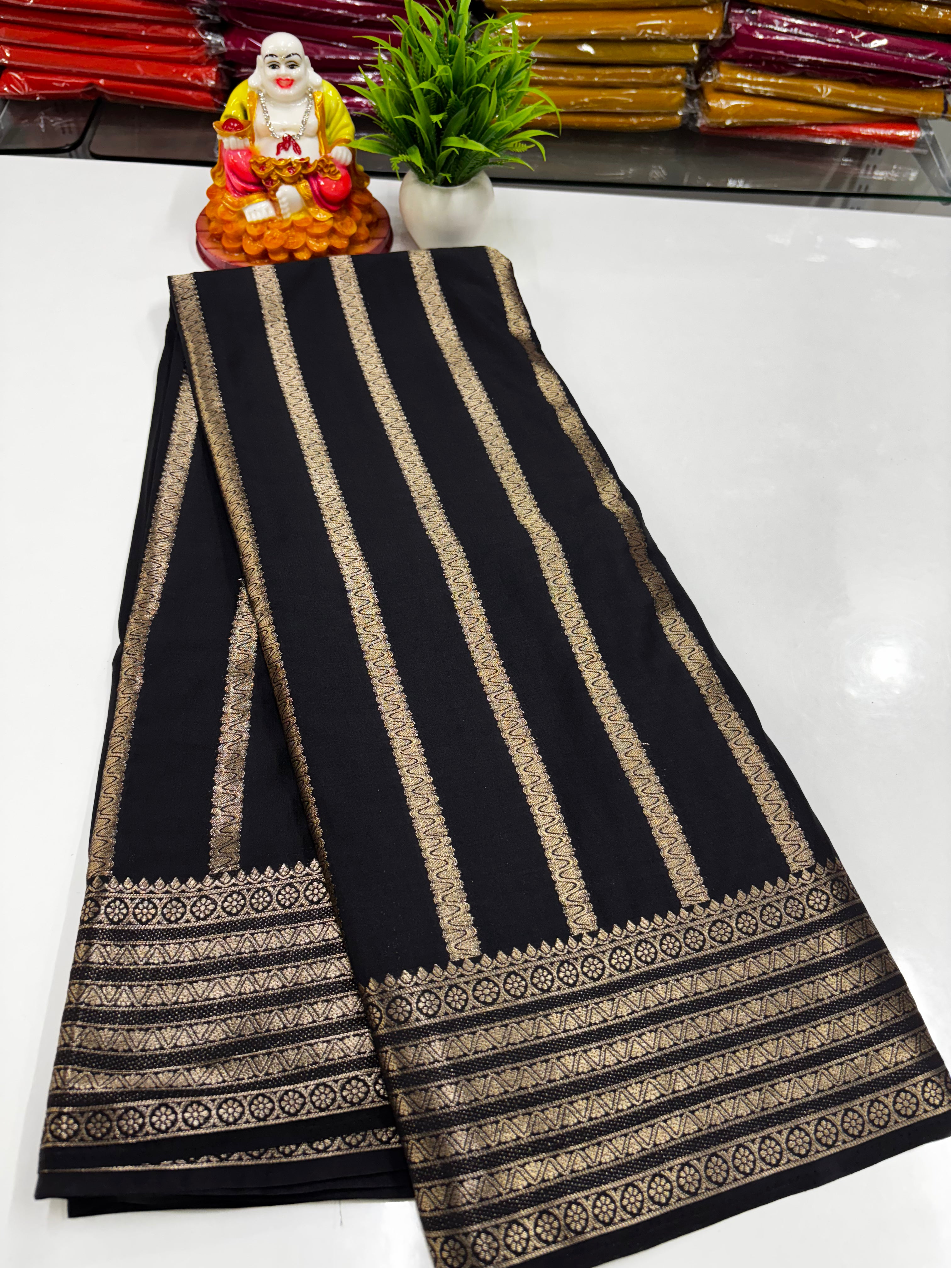 Mysore Crepe Silk Saree – Elegant Stripes & Rich Pallu ✨