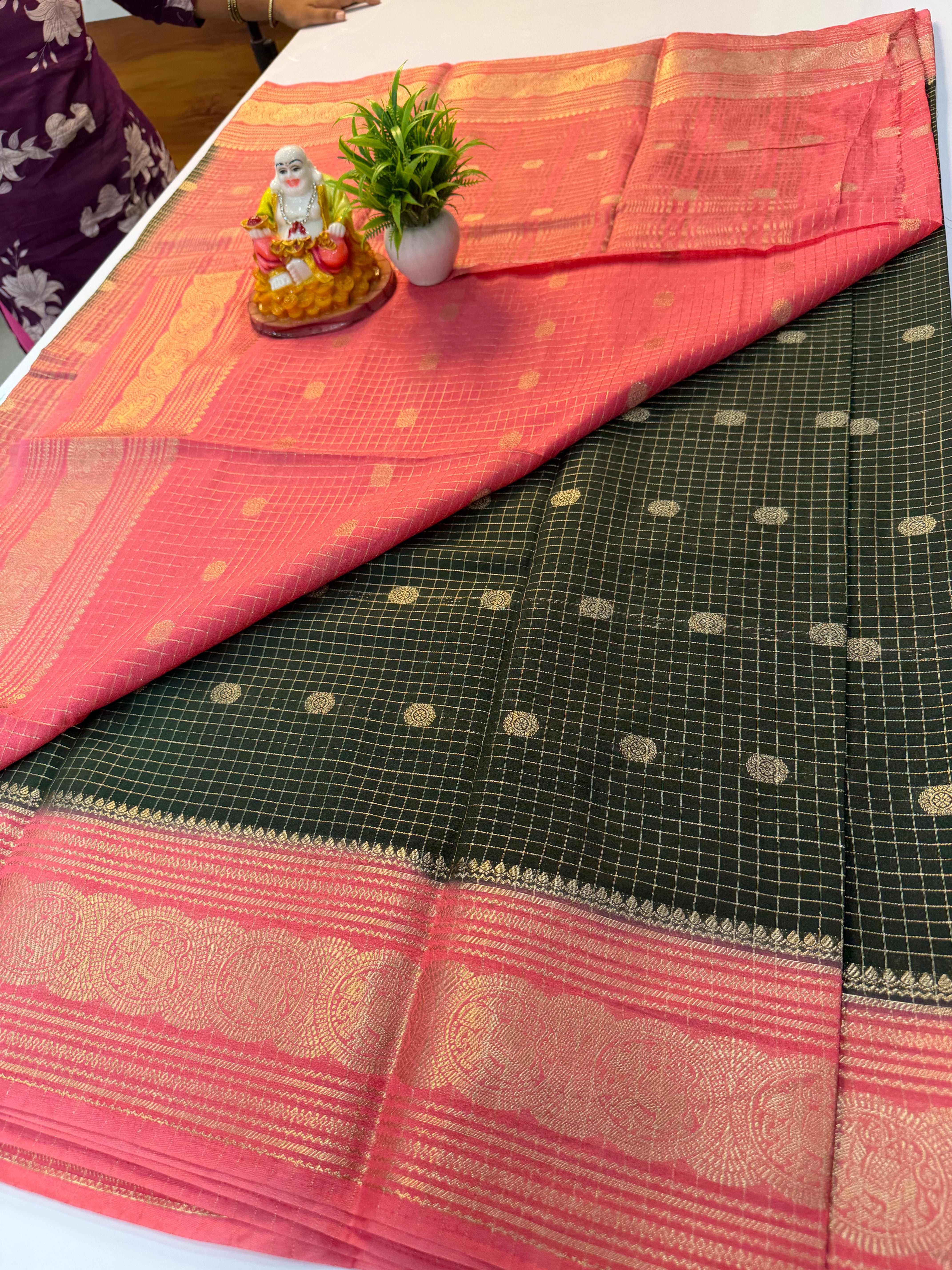 Mysore Crepe Silk Saree with Checks Pattern, Buttas & Elephant Border