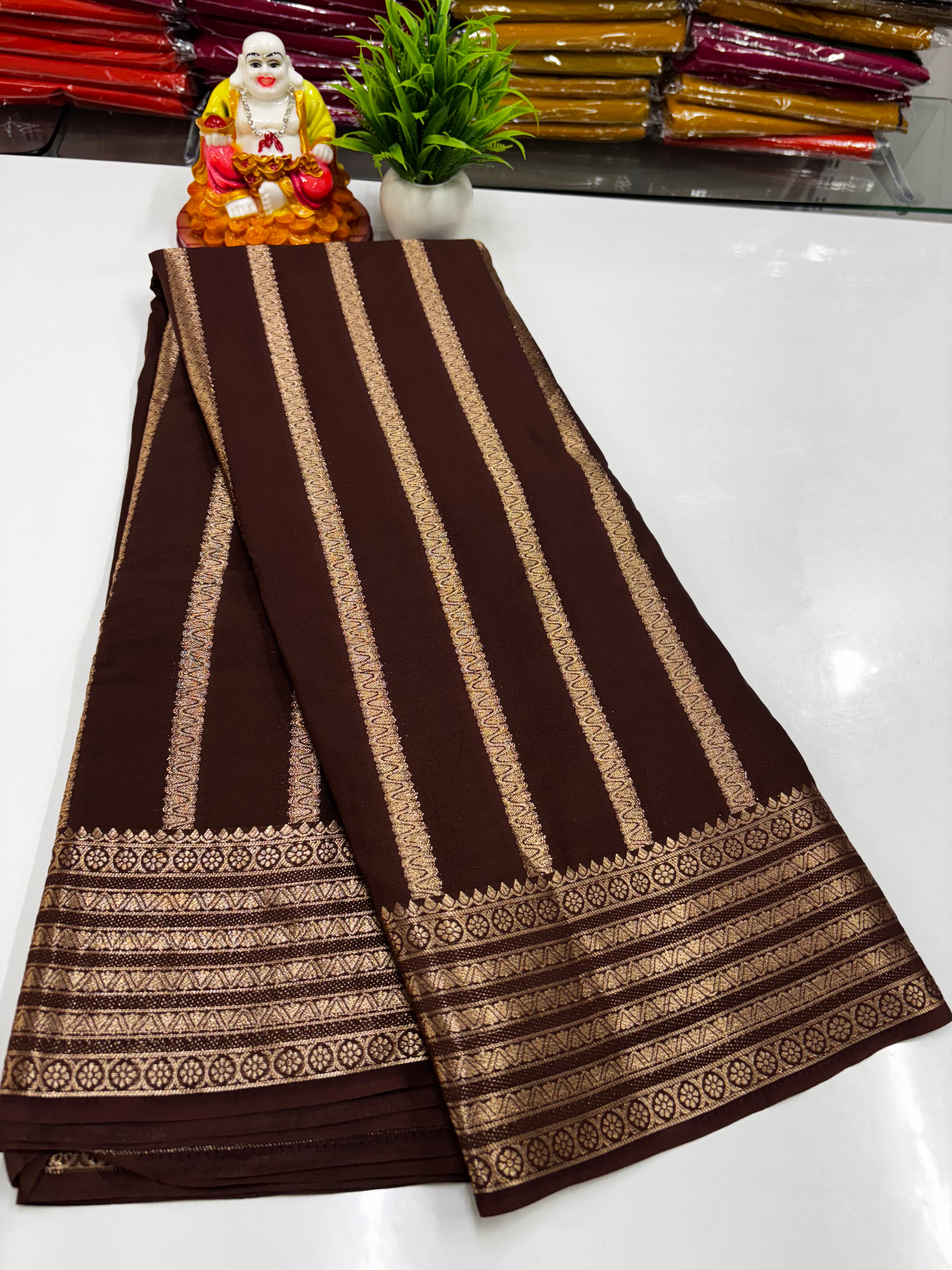 Mysore Crepe Silk Saree – Elegant Stripes & Rich Pallu ✨