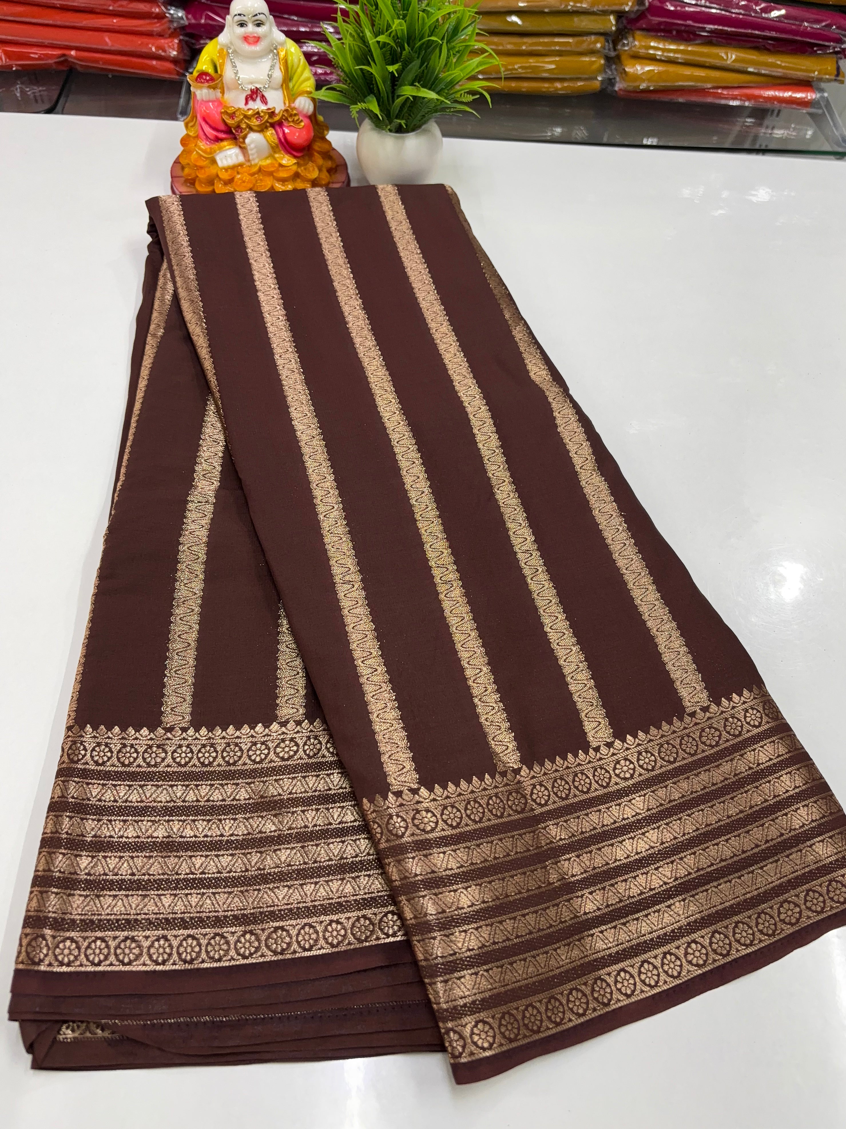 Mysore Crepe Silk Saree – Elegant Stripes & Rich Pallu ✨