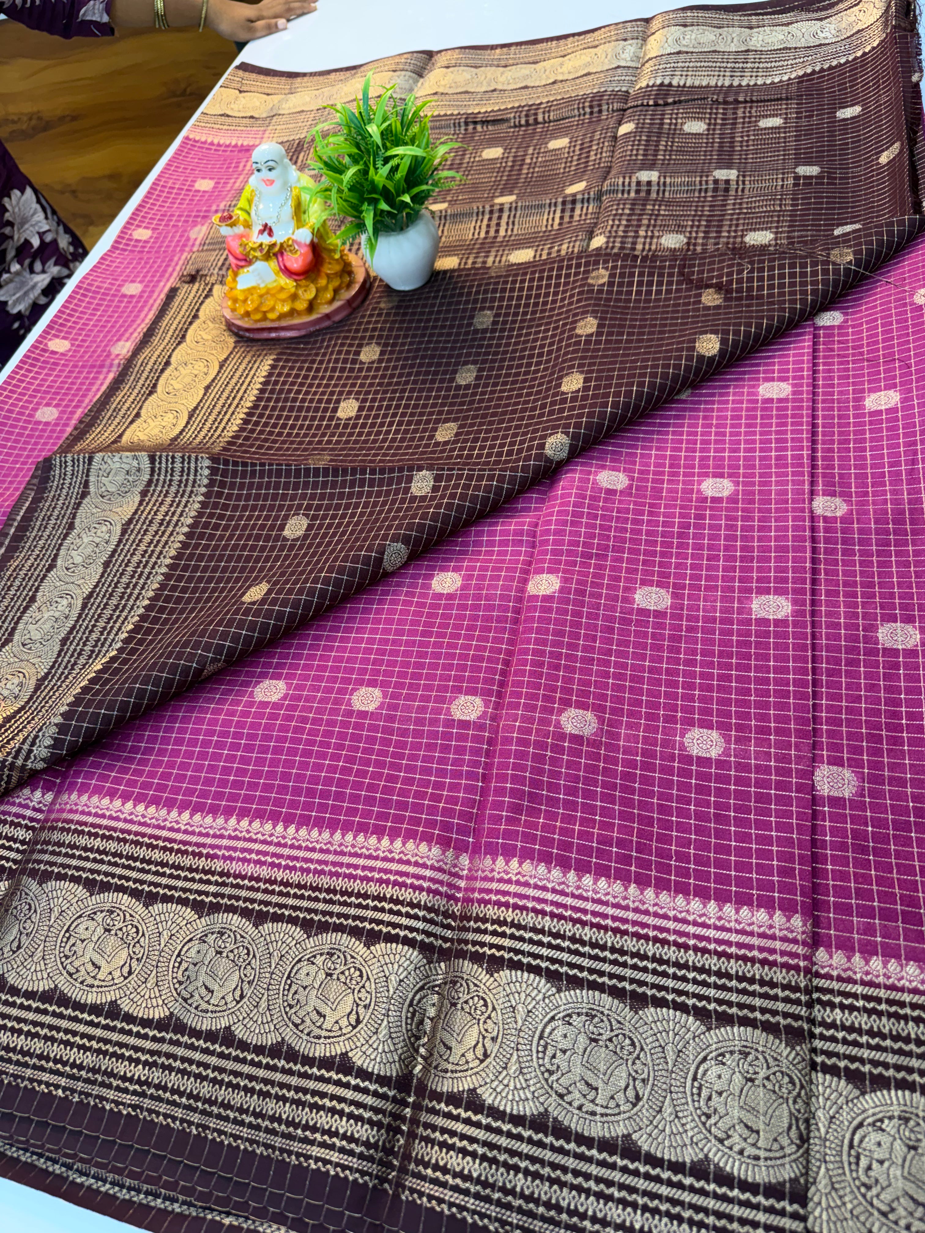 Mysore Crepe Silk Saree with Checks Pattern, Buttas & Elephant Border