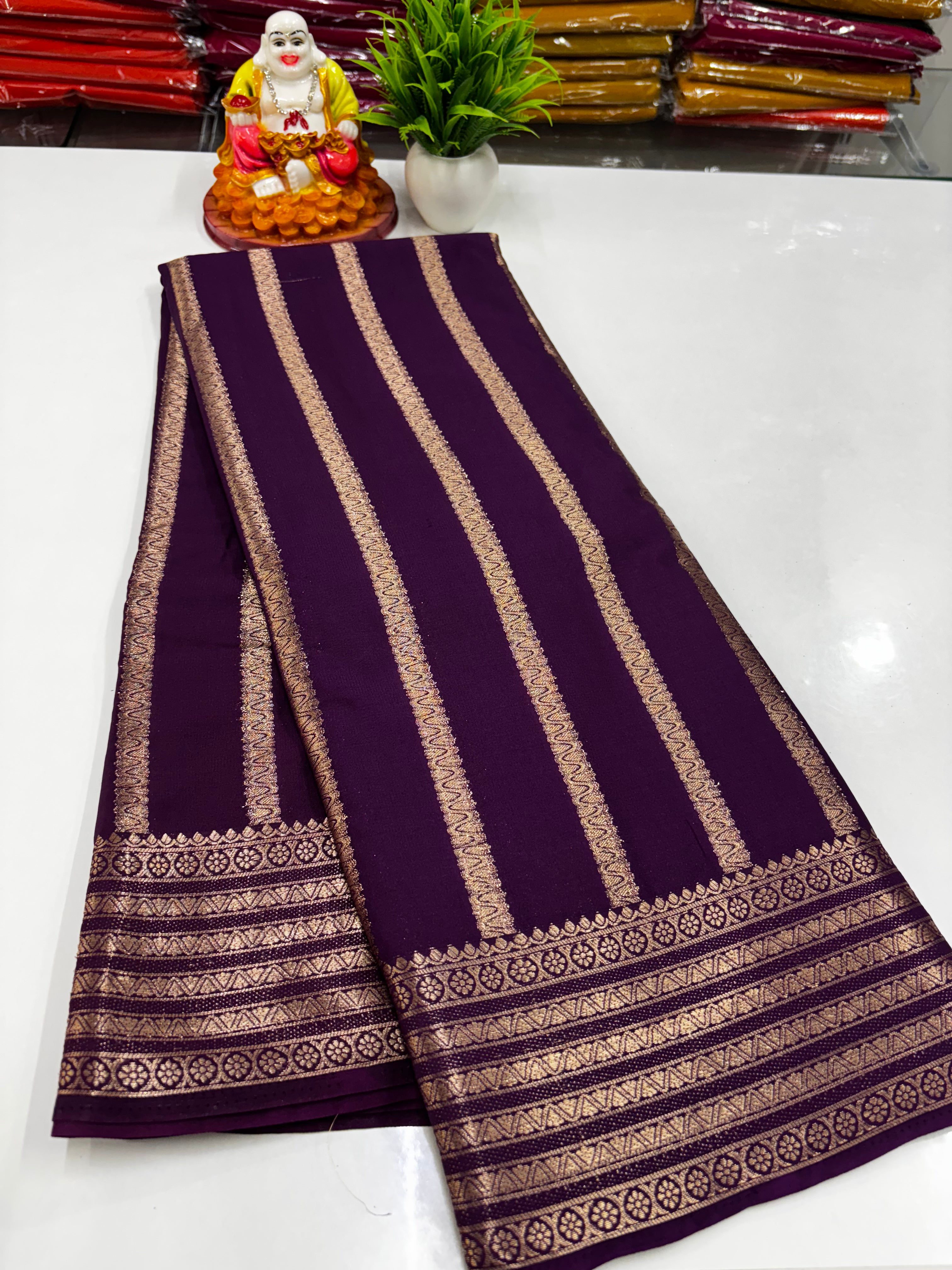 Mysore Crepe Silk Saree – Elegant Stripes & Rich Pallu ✨