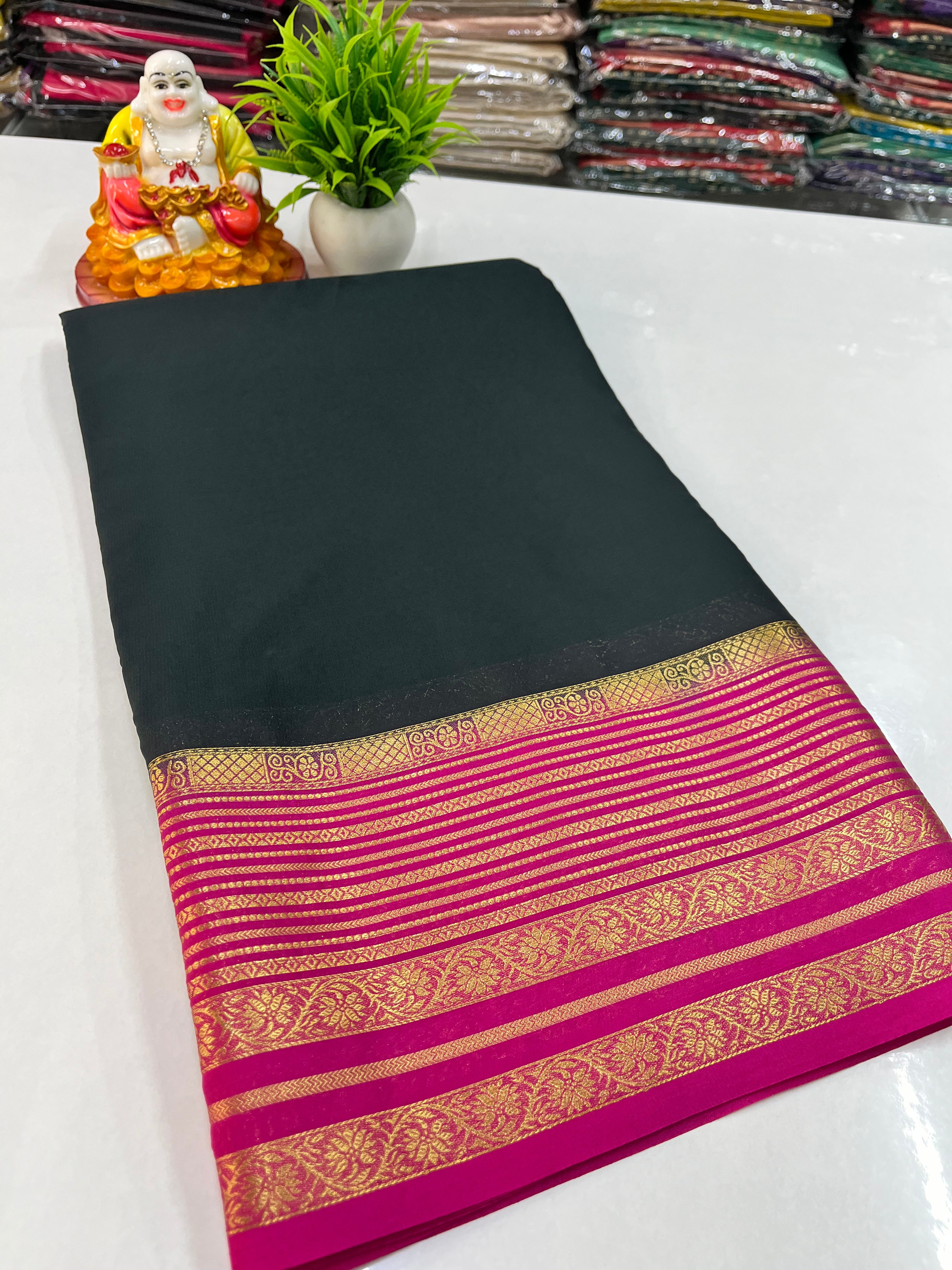 Mysore Crepe Silk Saree with Beautiful Contrast Border & Blouse – Padmavathi Silks and Sarees
