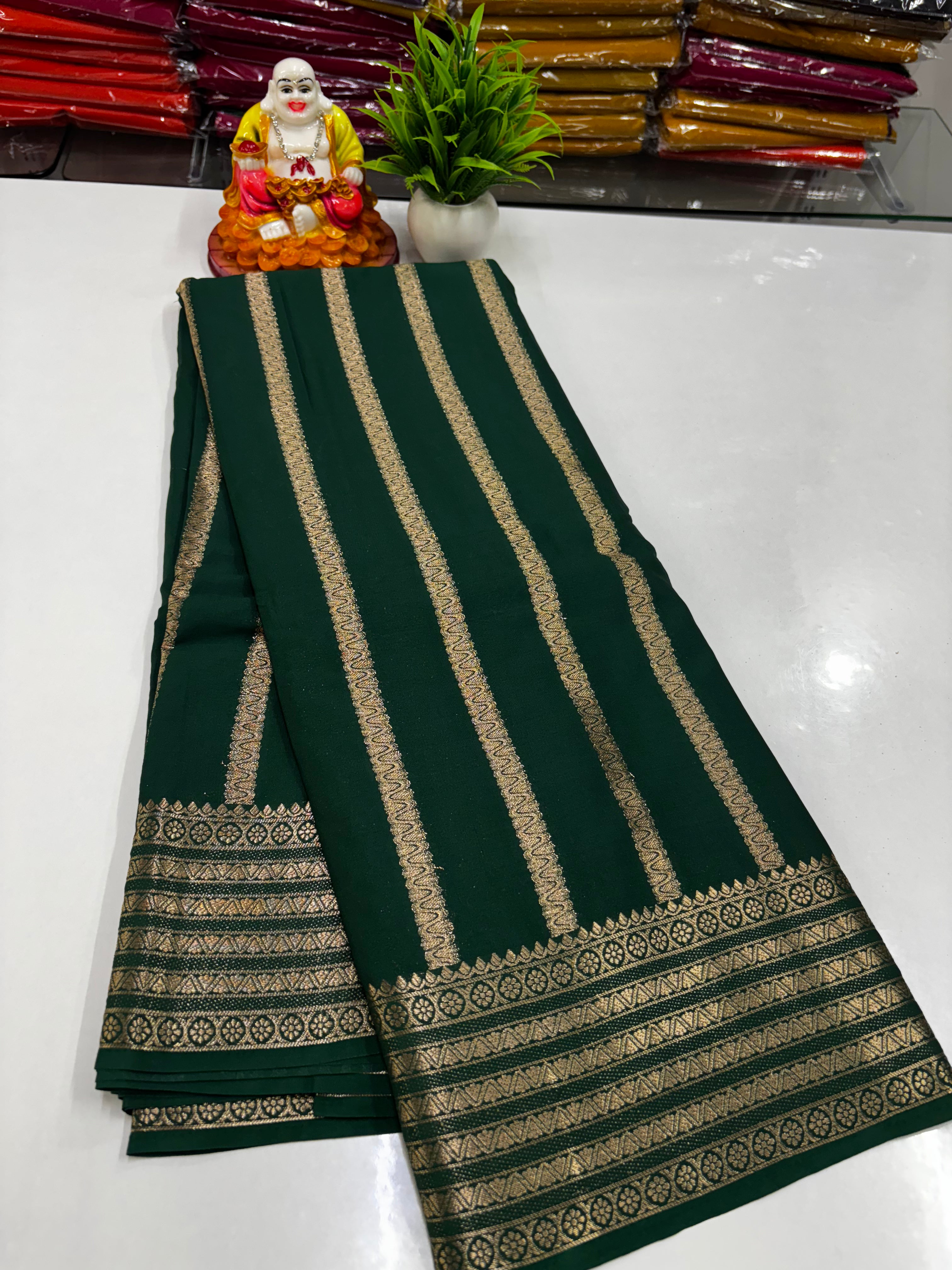 Mysore Crepe Silk Saree – Elegant Stripes & Rich Pallu ✨