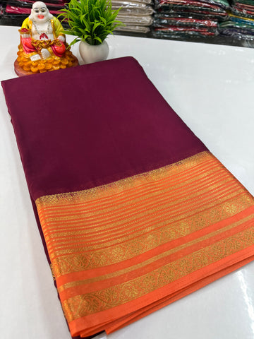 Mysore Crepe Silk Saree with Beautiful Contrast Border & Blouse – Padmavathi Silks and Sarees