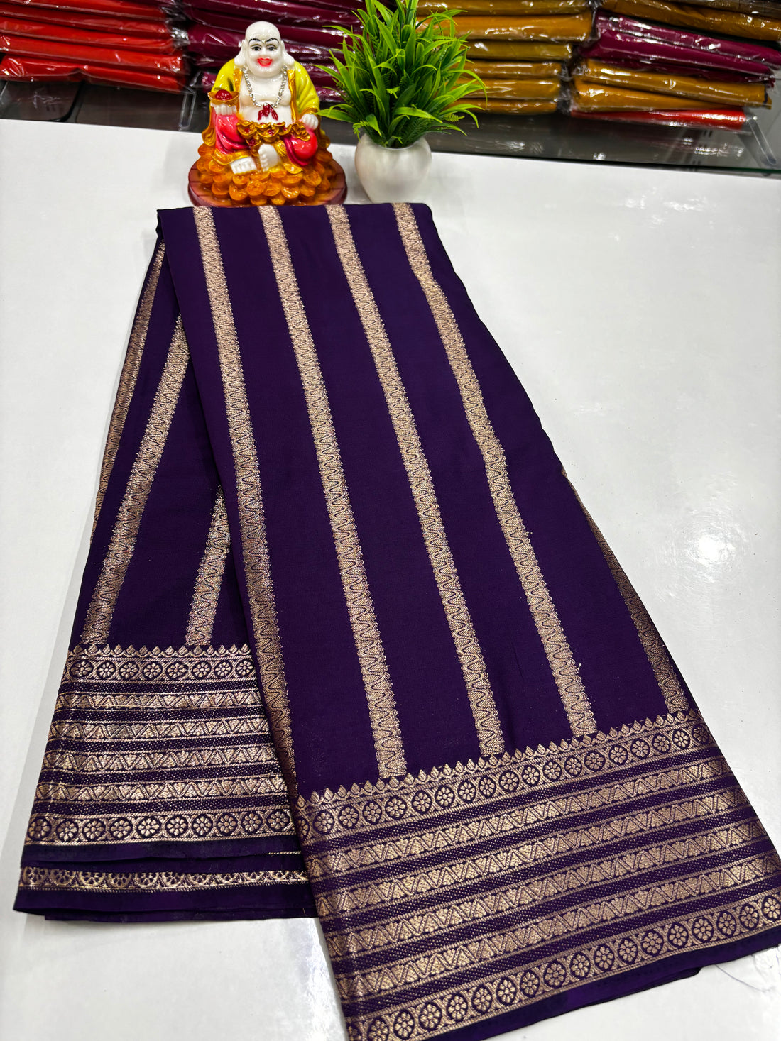 Mysore Crepe Silk Saree – Elegant Stripes & Rich Pallu ✨