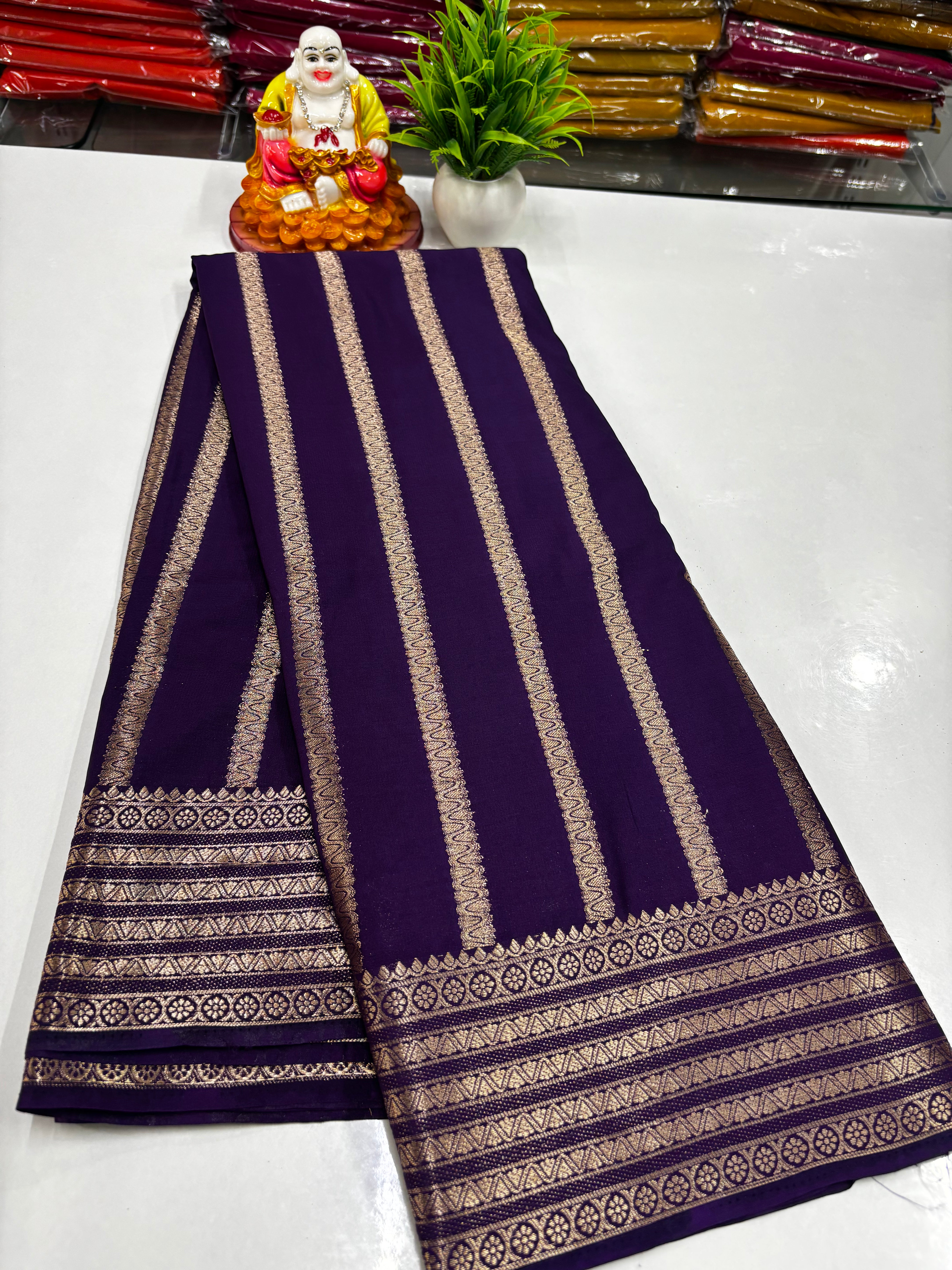 Mysore Crepe Silk Saree – Elegant Stripes & Rich Pallu ✨
