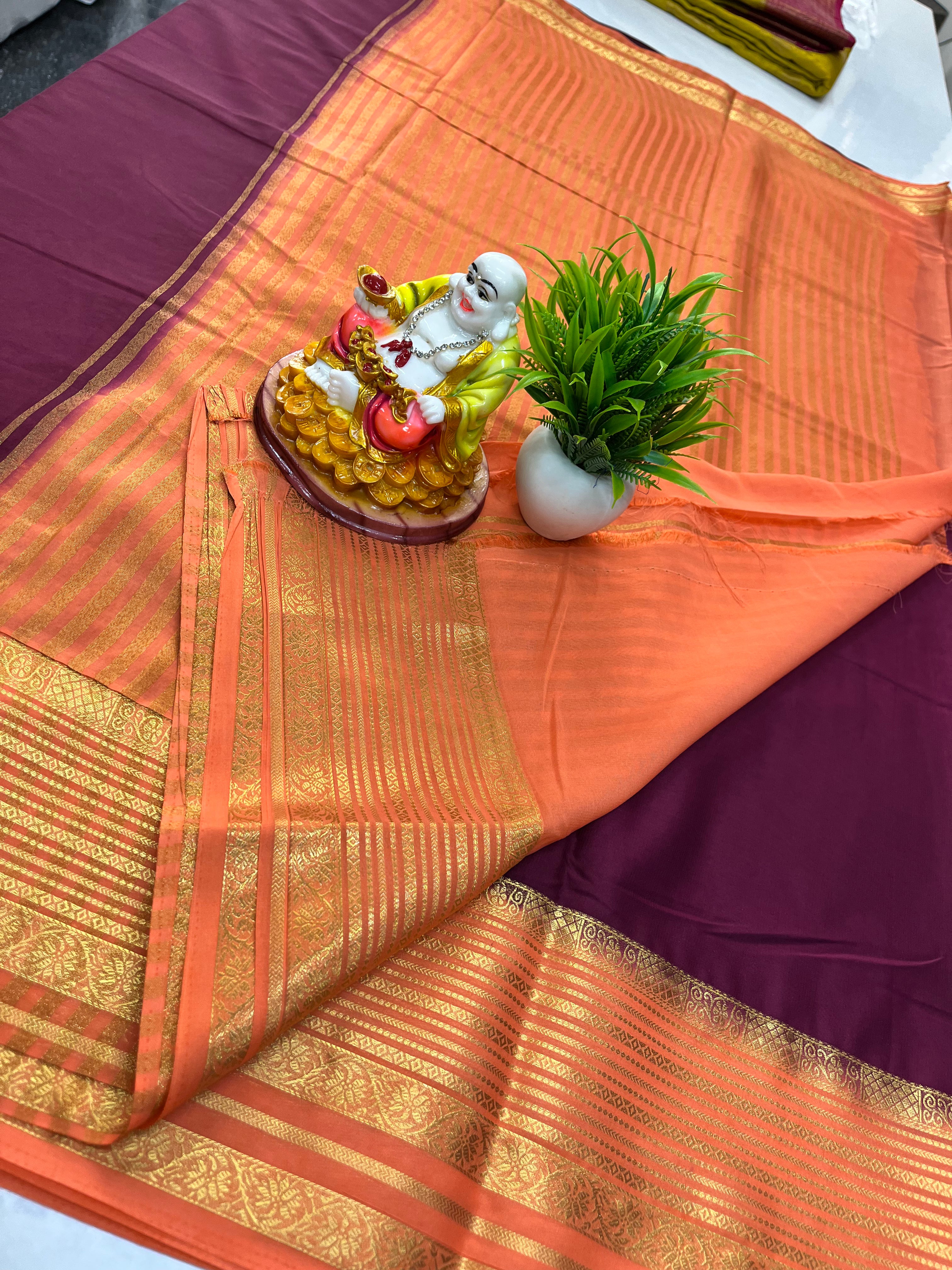 Mysore Crepe Silk Saree with Beautiful Contrast Border & Blouse – Padmavathi Silks and Sarees