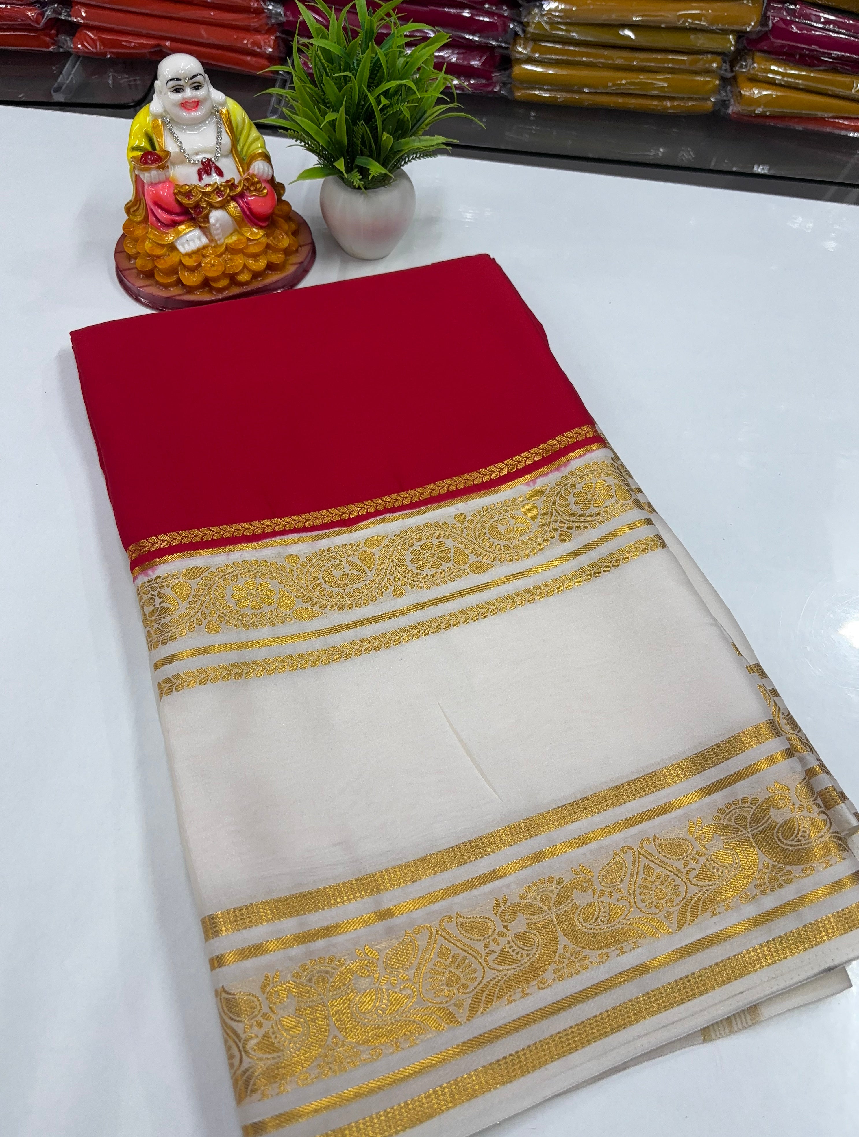 Mysore Crepe Silk Saree – Peacock Bentex Border Elegance by Padmavathi Silks and Sarees ✨