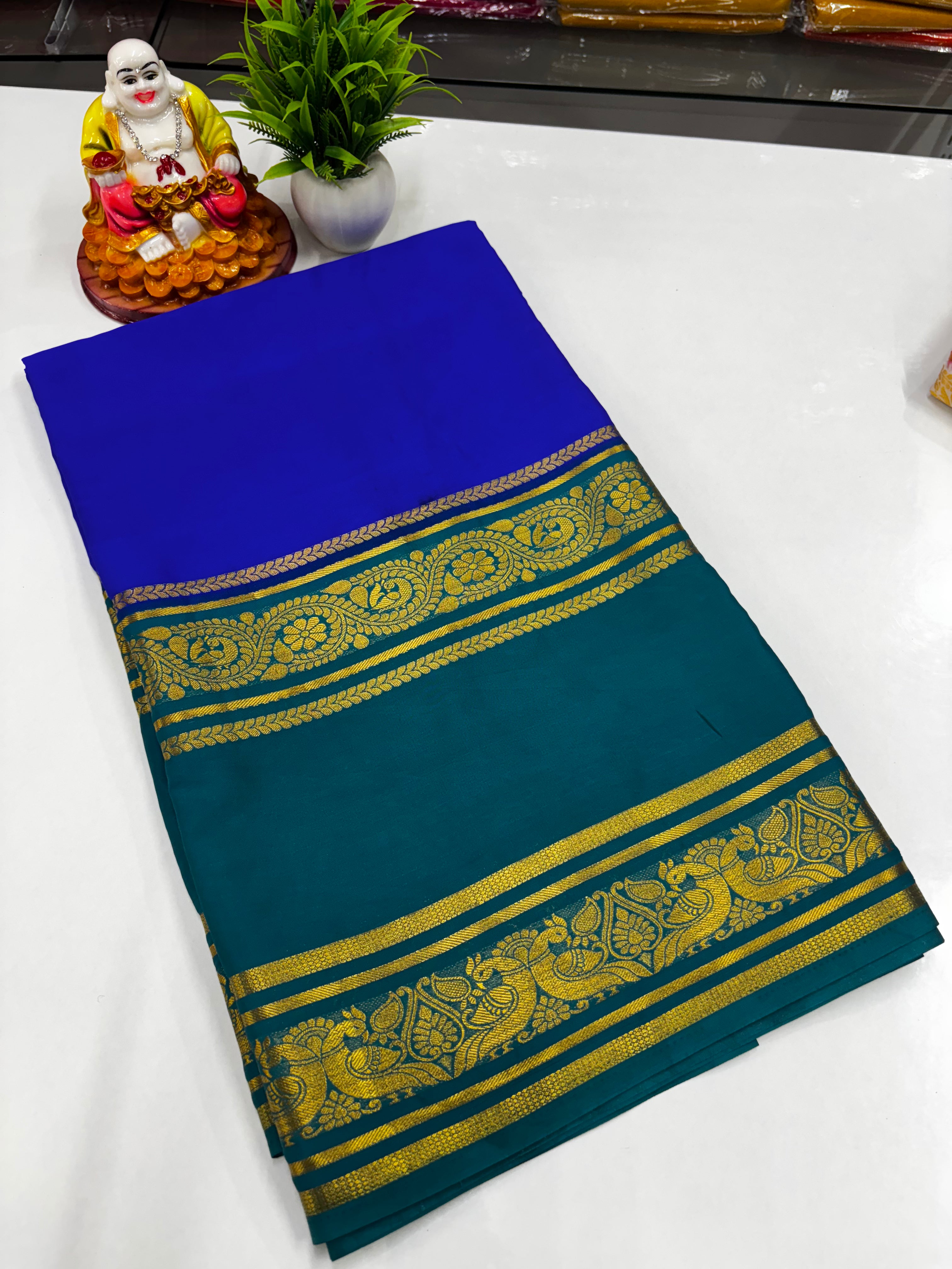 Mysore Crepe Silk Saree – Peacock Bentex Border Elegance by Padmavathi Silks and Sarees ✨