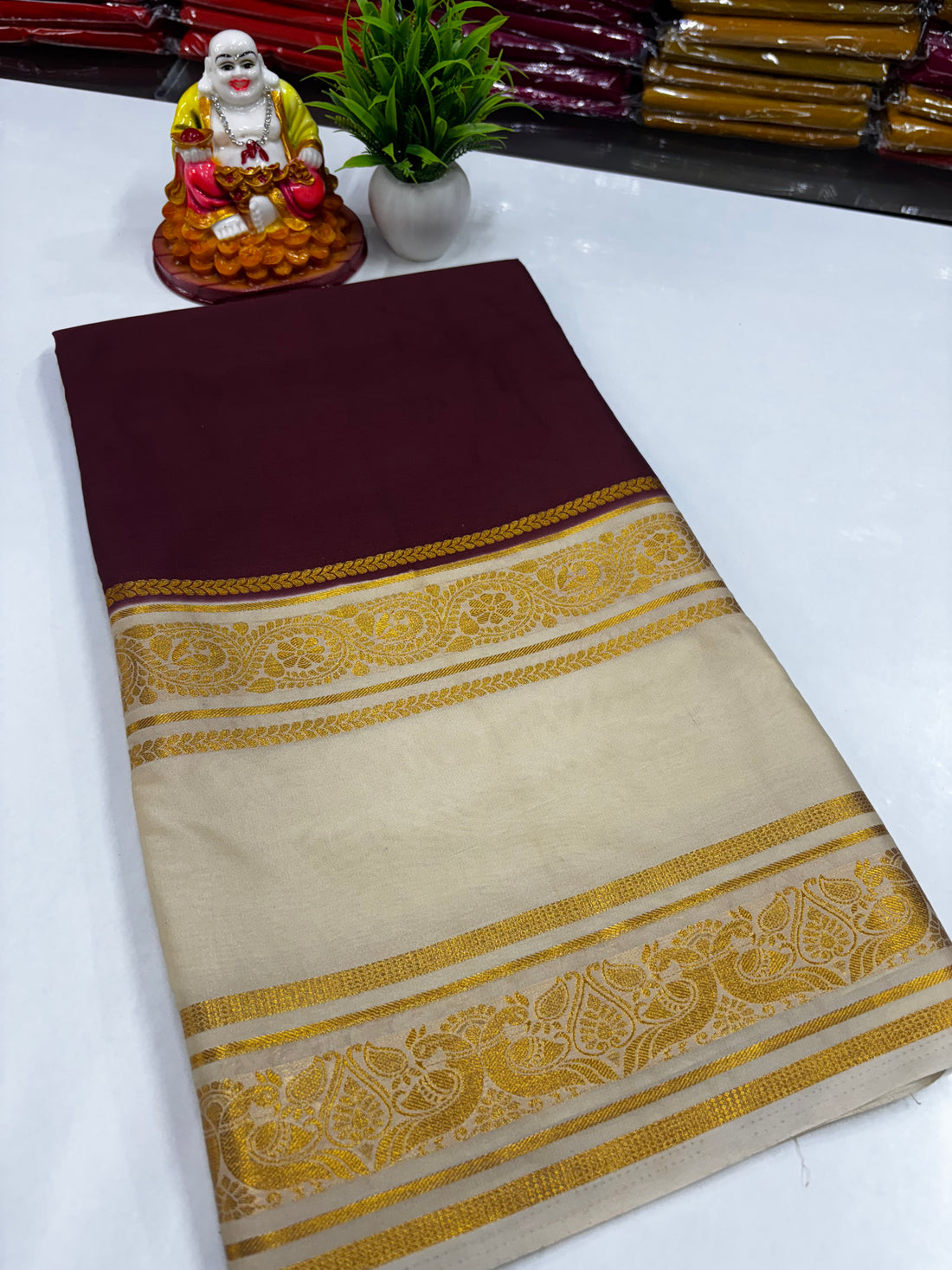 Mysore Crepe Silk Saree – Peacock Bentex Border Elegance by Padmavathi Silks and Sarees ✨