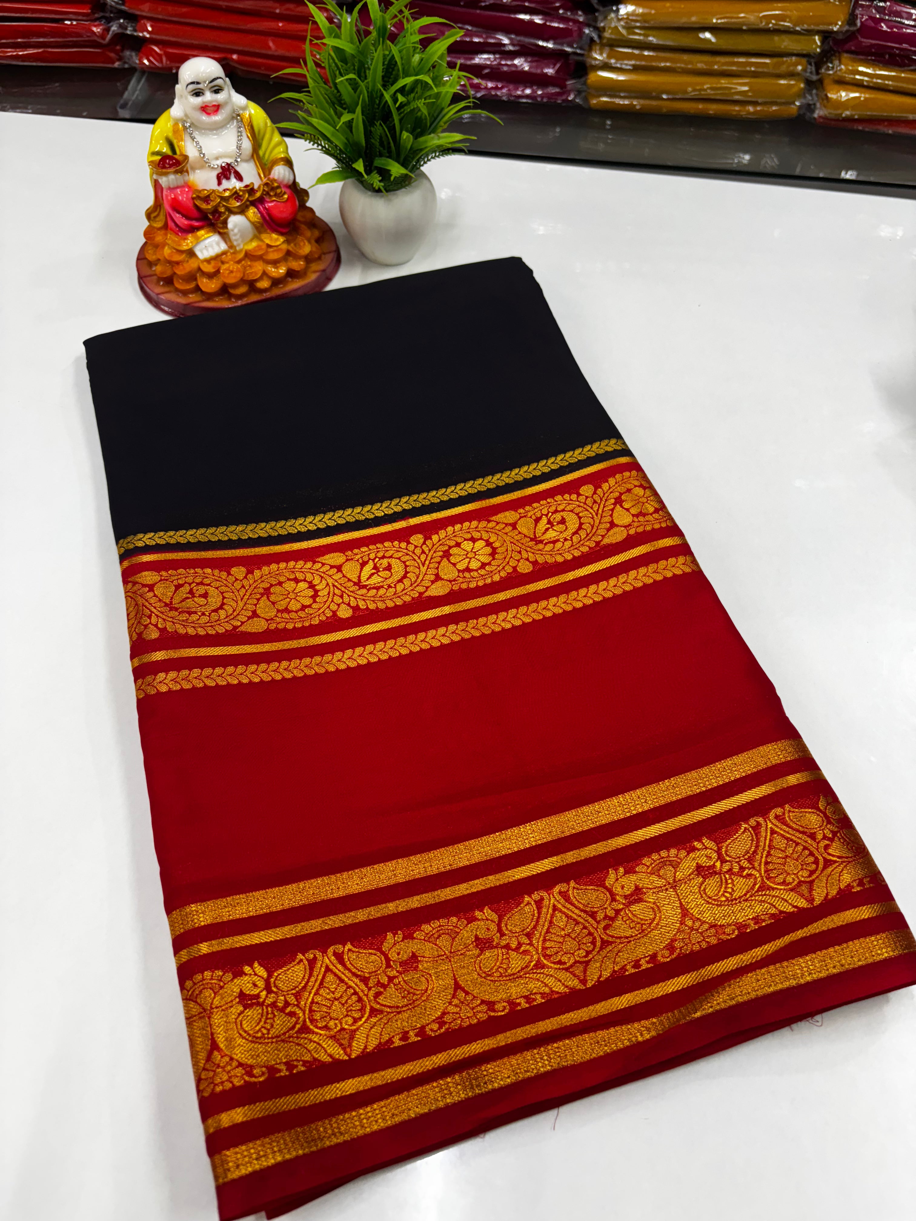 Mysore Crepe Silk Saree – Peacock Bentex Border Elegance by Padmavathi Silks and Sarees ✨