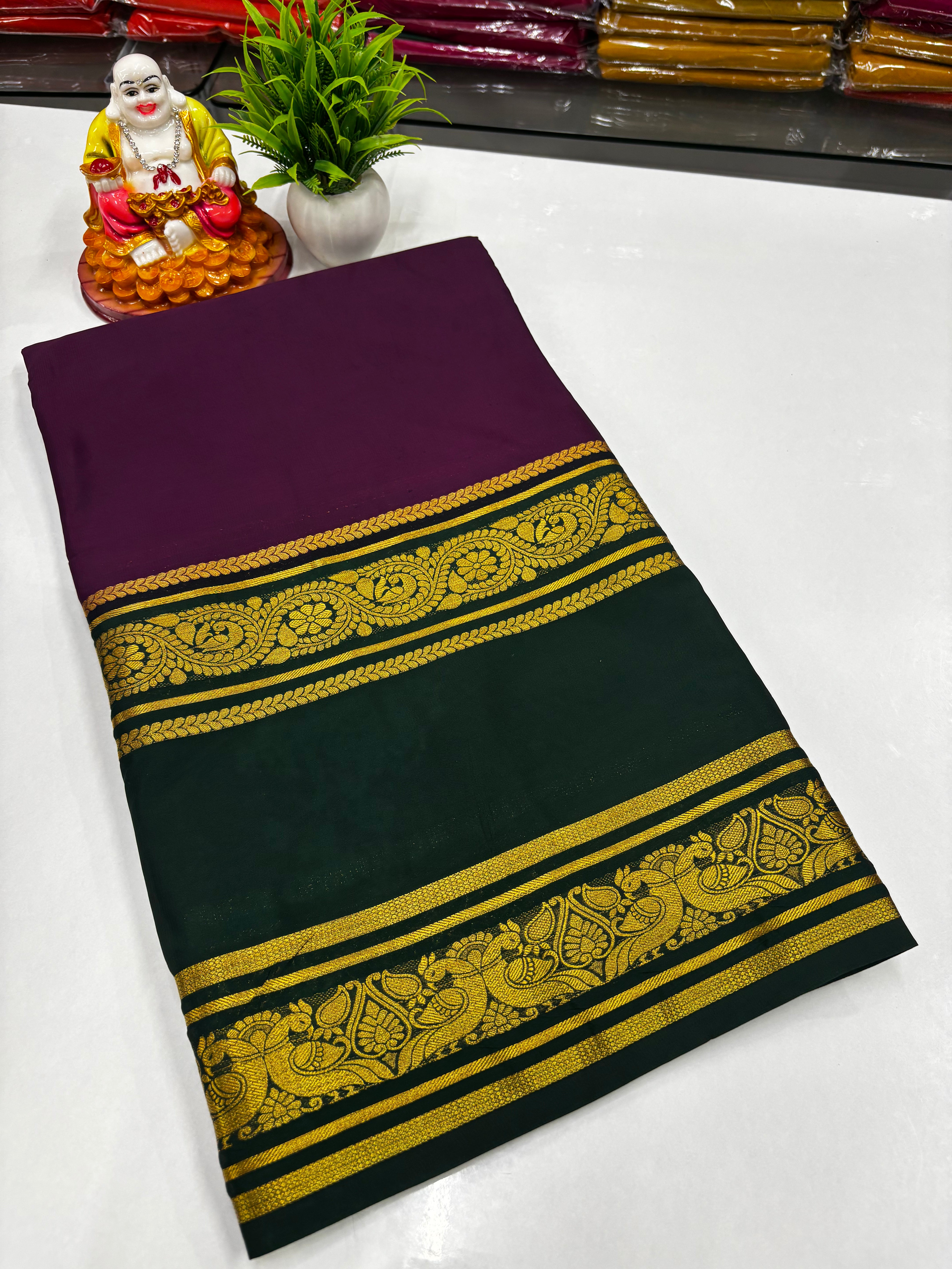 Mysore Crepe Silk Saree – Peacock Bentex Border Elegance by Padmavathi Silks and Sarees ✨