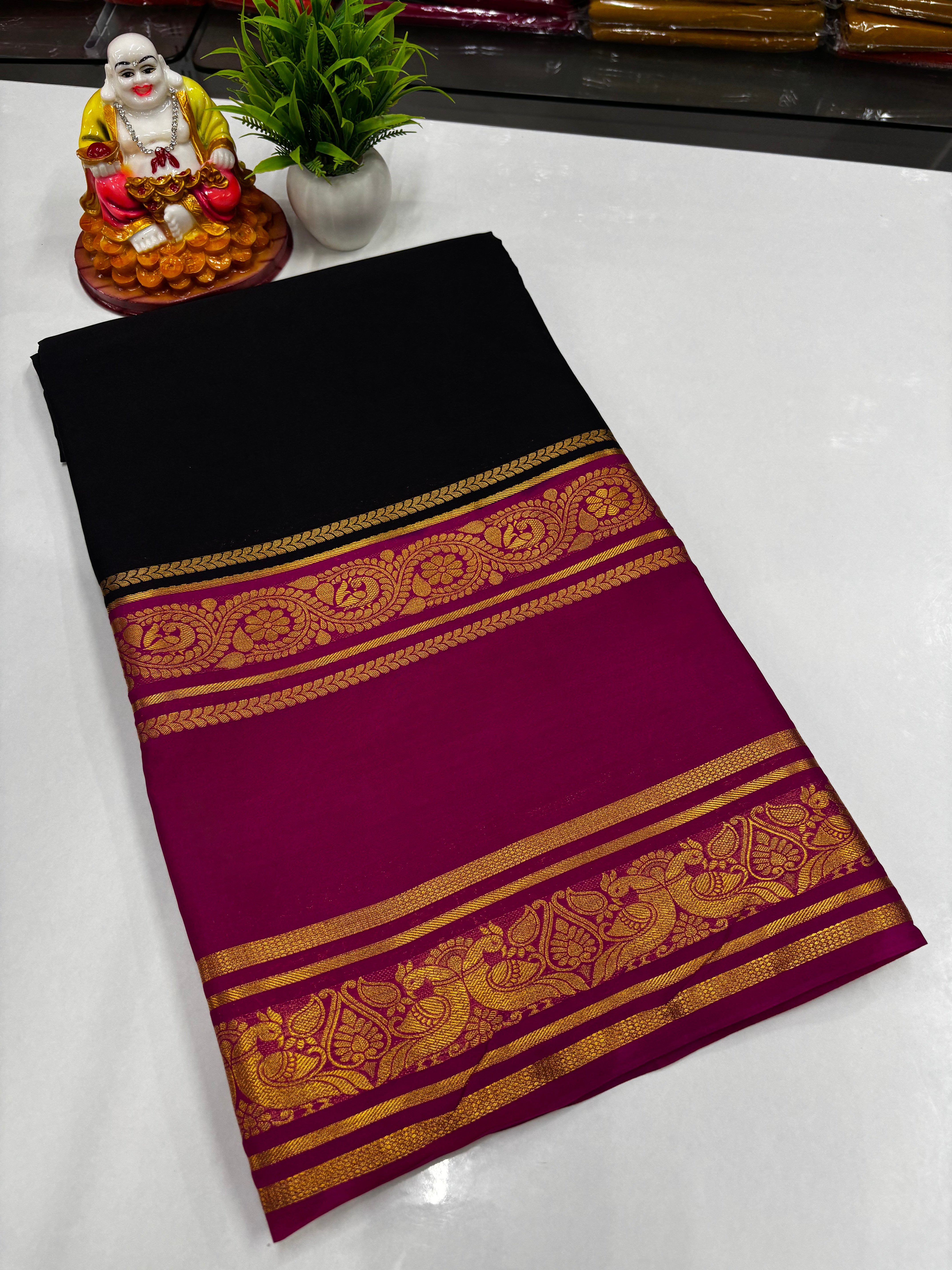 Mysore Crepe Silk Saree – Peacock Bentex Border Elegance by Padmavathi Silks and Sarees ✨