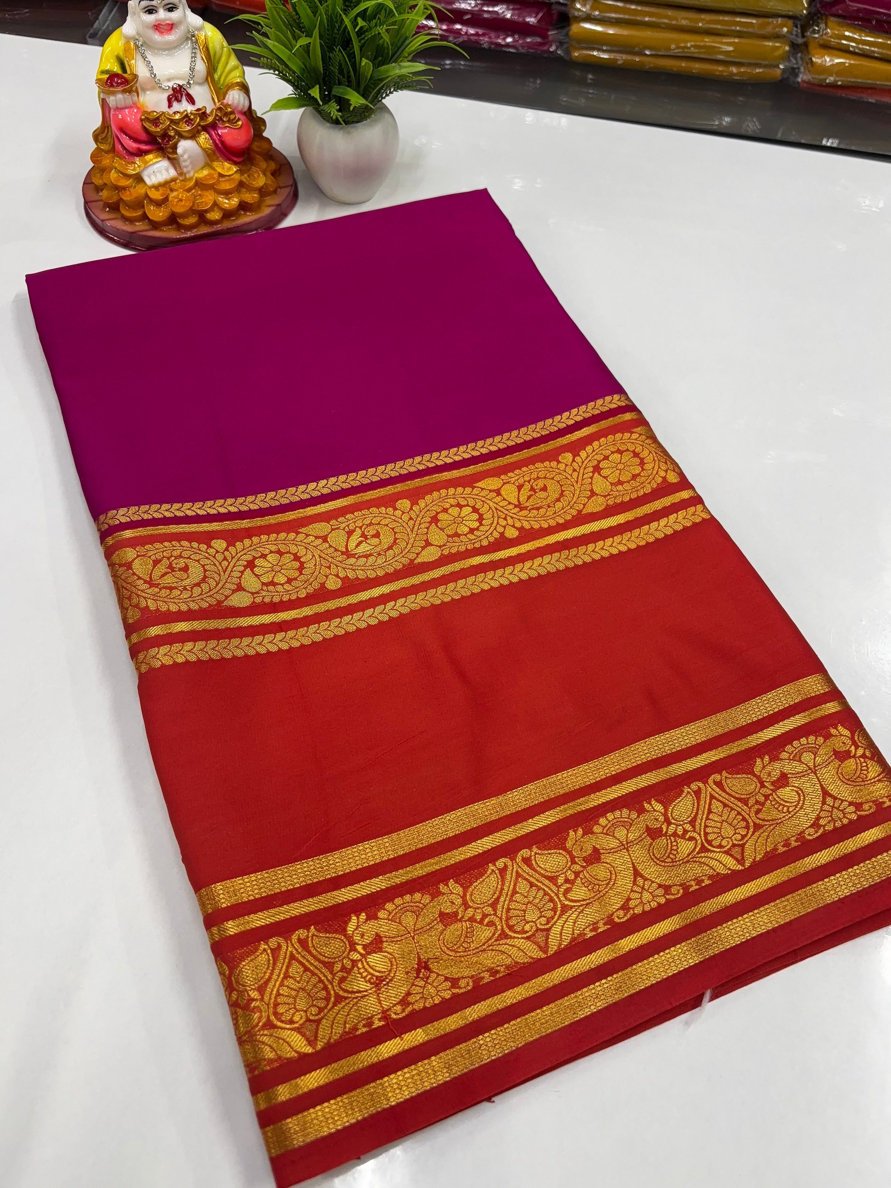 Mysore Crepe Silk Saree – Peacock Bentex Border Elegance by Padmavathi Silks and Sarees ✨
