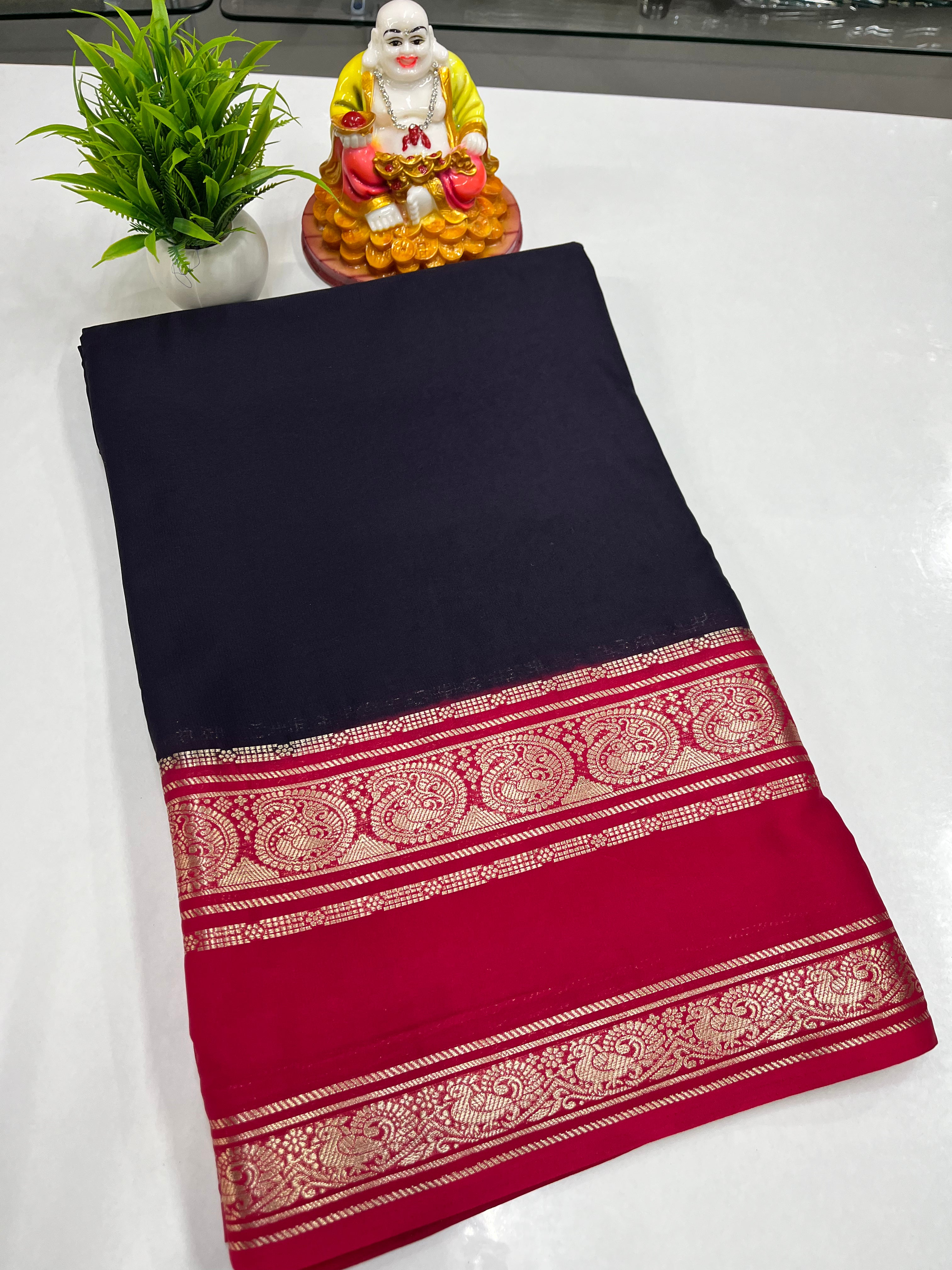 Mysore Crepe Silk Saree with Beautiful Mango Bentex Border | Padmavathi Silks & Sarees
