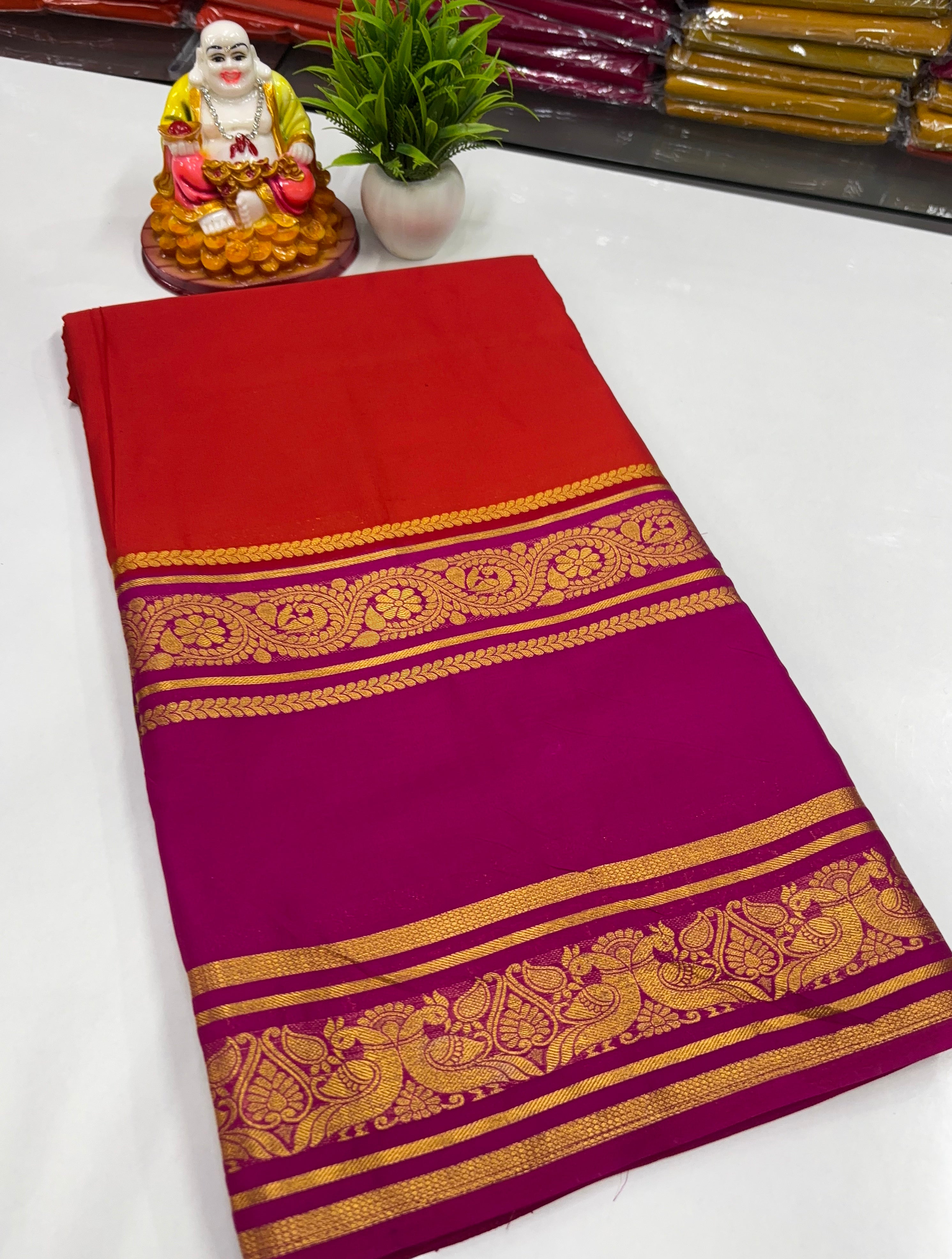 Mysore Crepe Silk Saree – Peacock Bentex Border Elegance by Padmavathi Silks and Sarees ✨