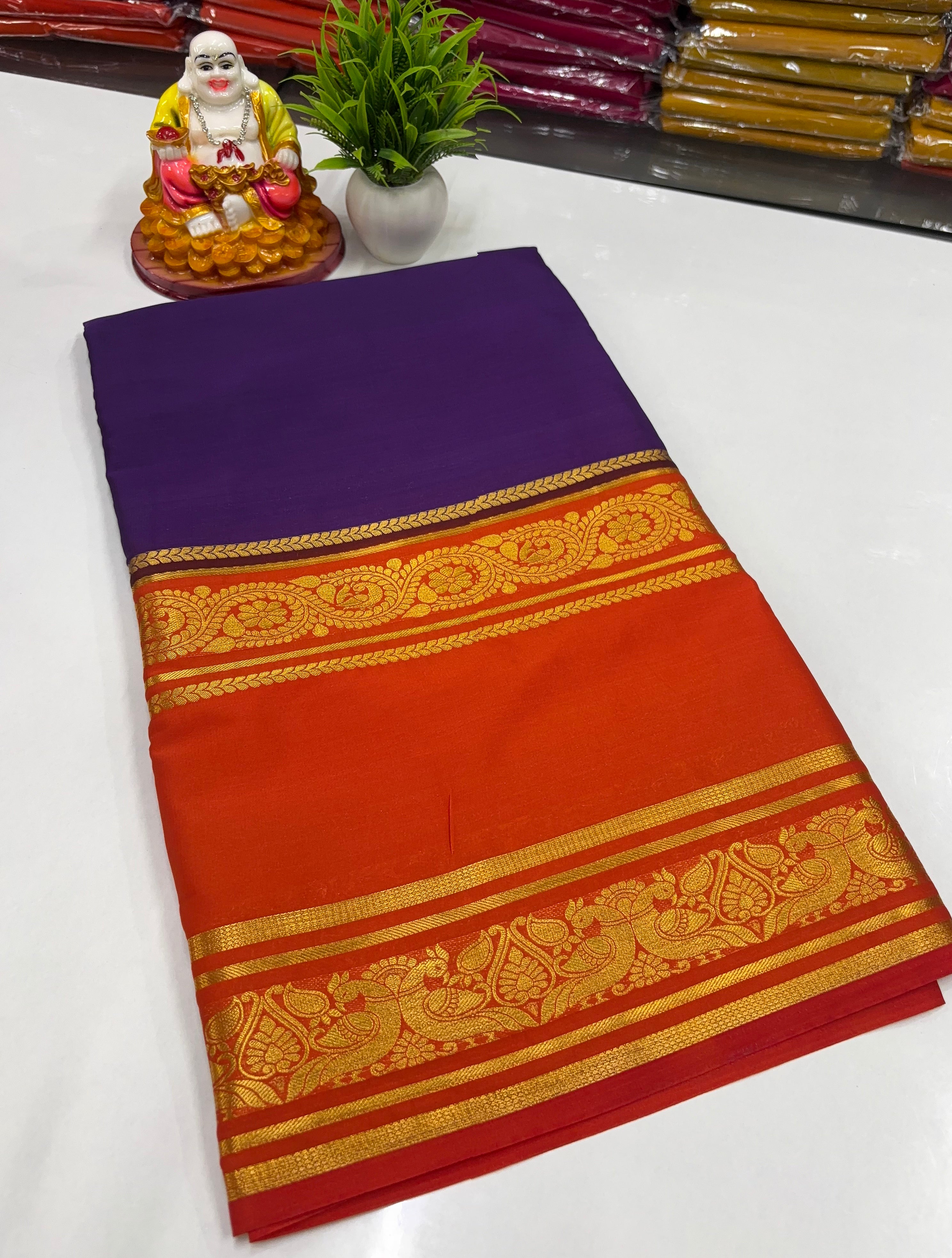 Mysore Crepe Silk Saree – Peacock Bentex Border Elegance by Padmavathi Silks and Sarees ✨