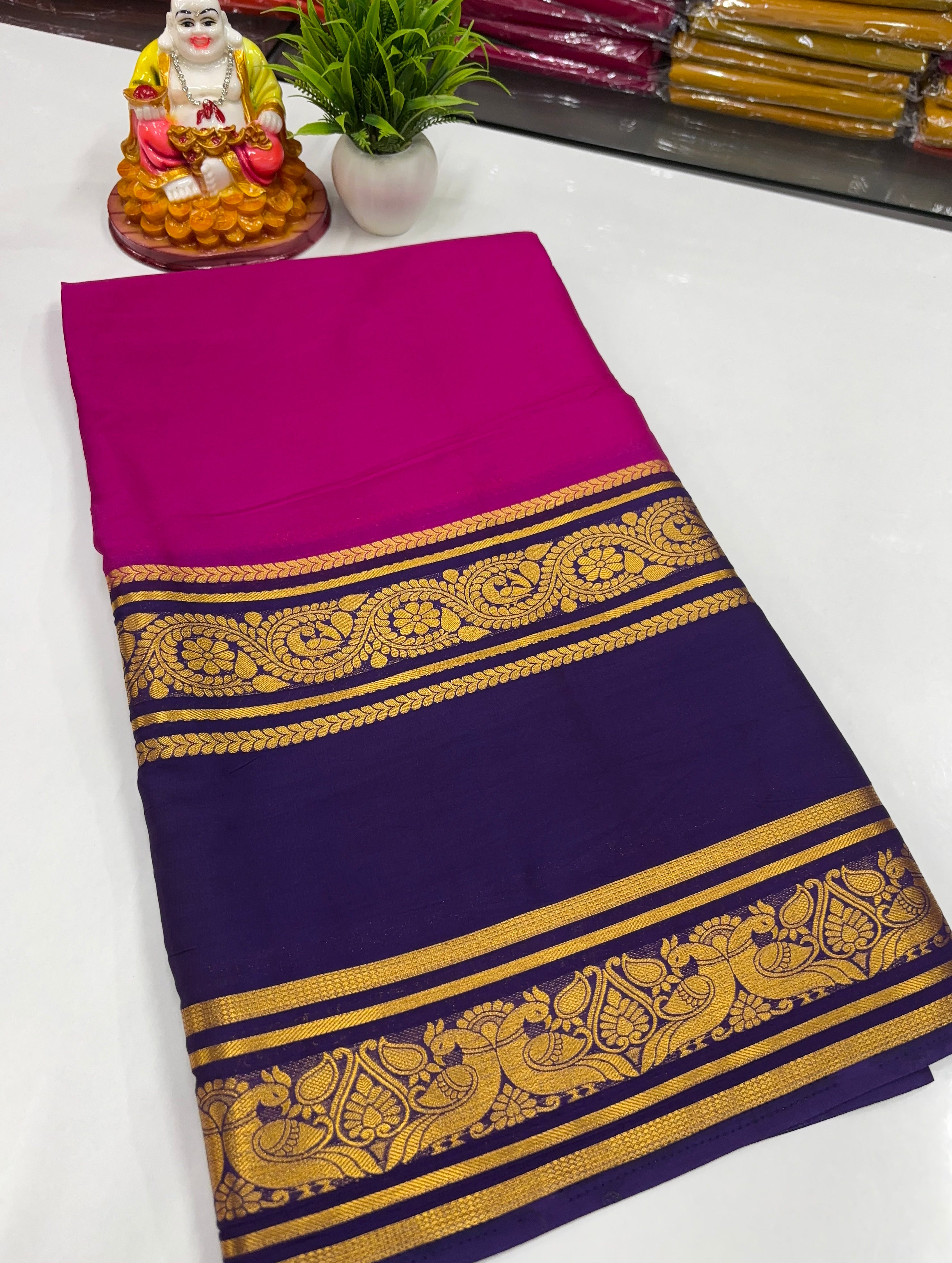 Mysore Crepe Silk Saree – Peacock Bentex Border Elegance by Padmavathi Silks and Sarees ✨