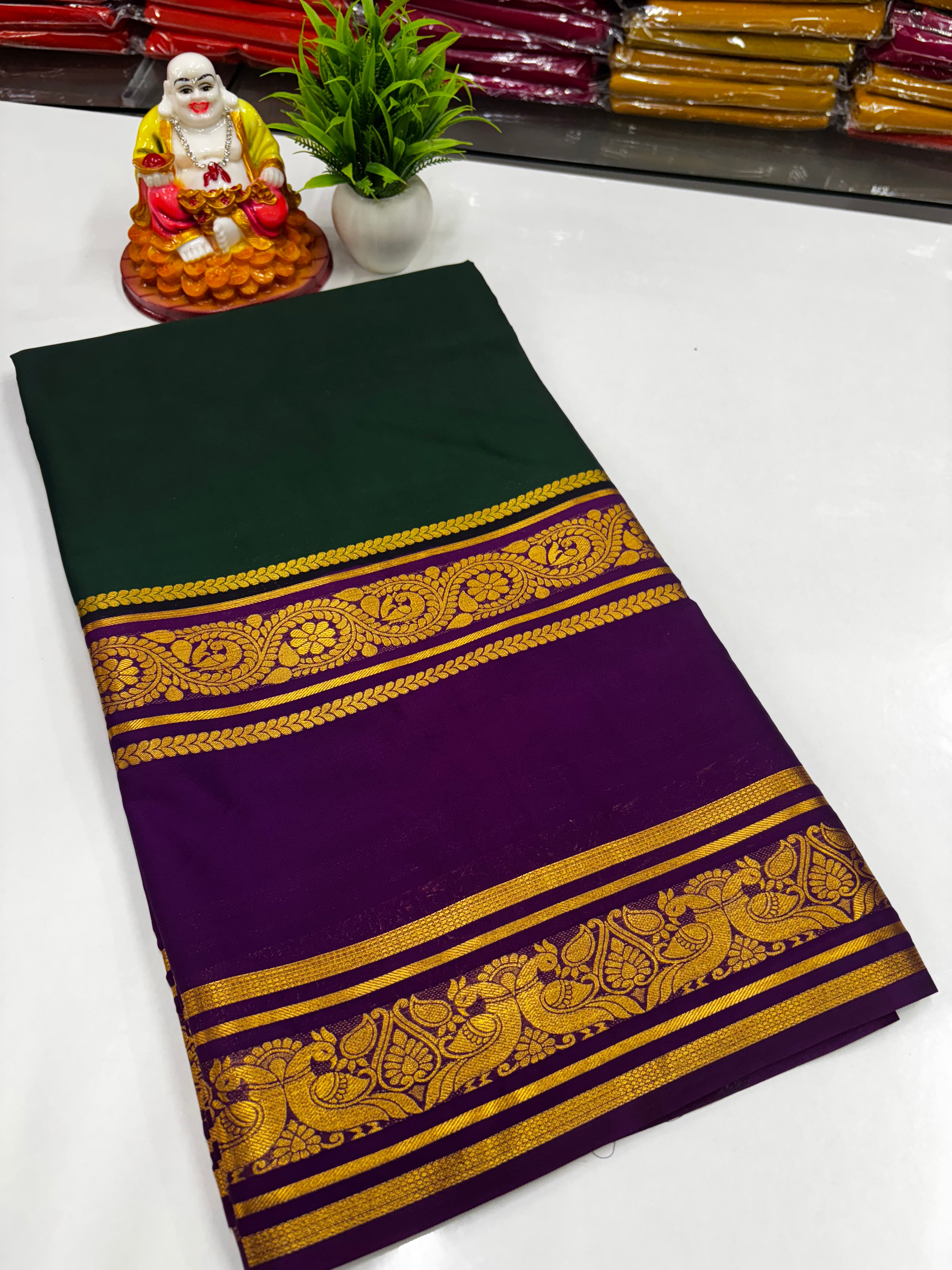 Mysore Crepe Silk Saree – Peacock Bentex Border Elegance by Padmavathi Silks and Sarees ✨
