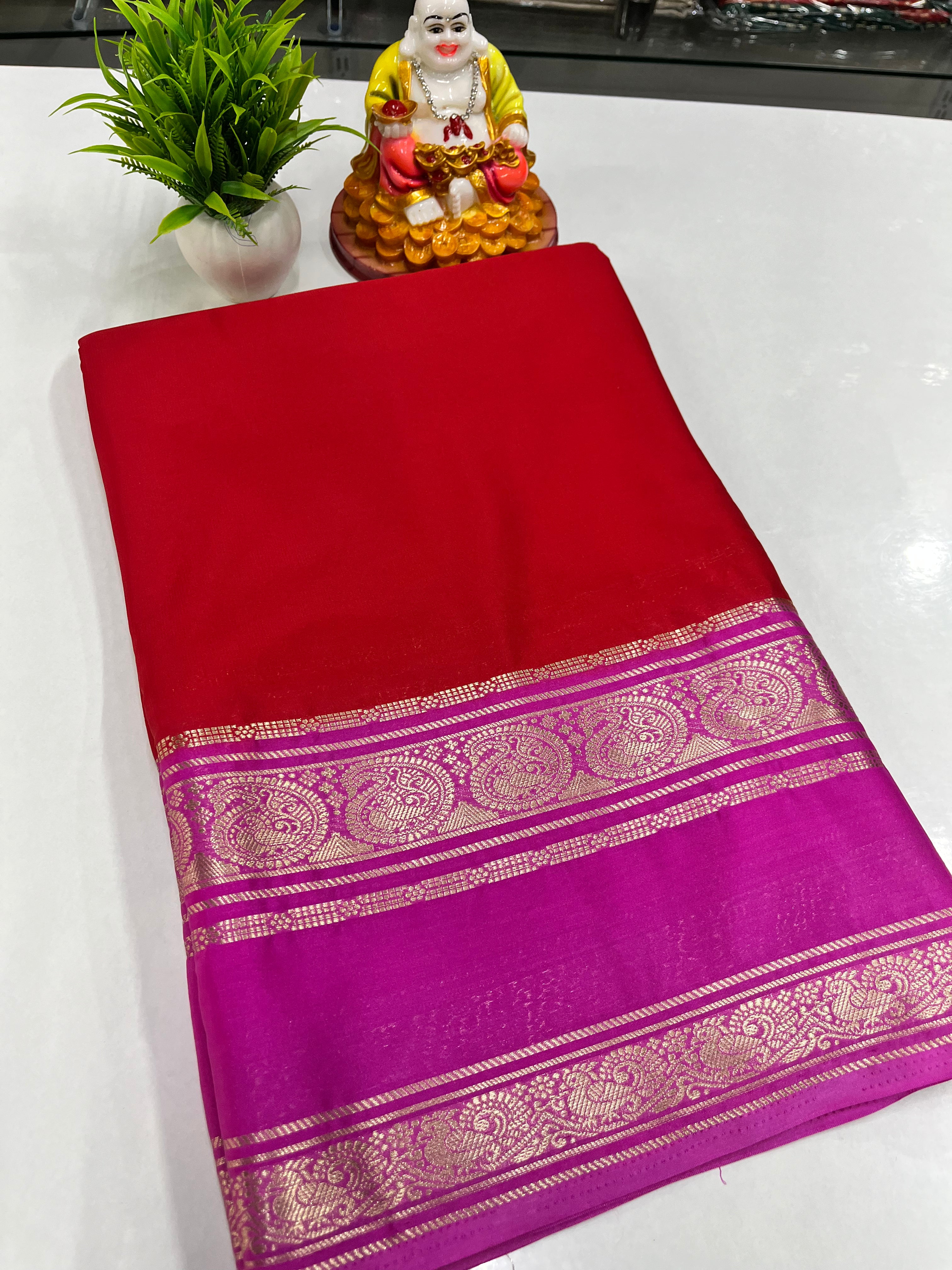 Mysore Crepe Silk Saree with Beautiful Mango Bentex Border | Padmavathi Silks & Sarees