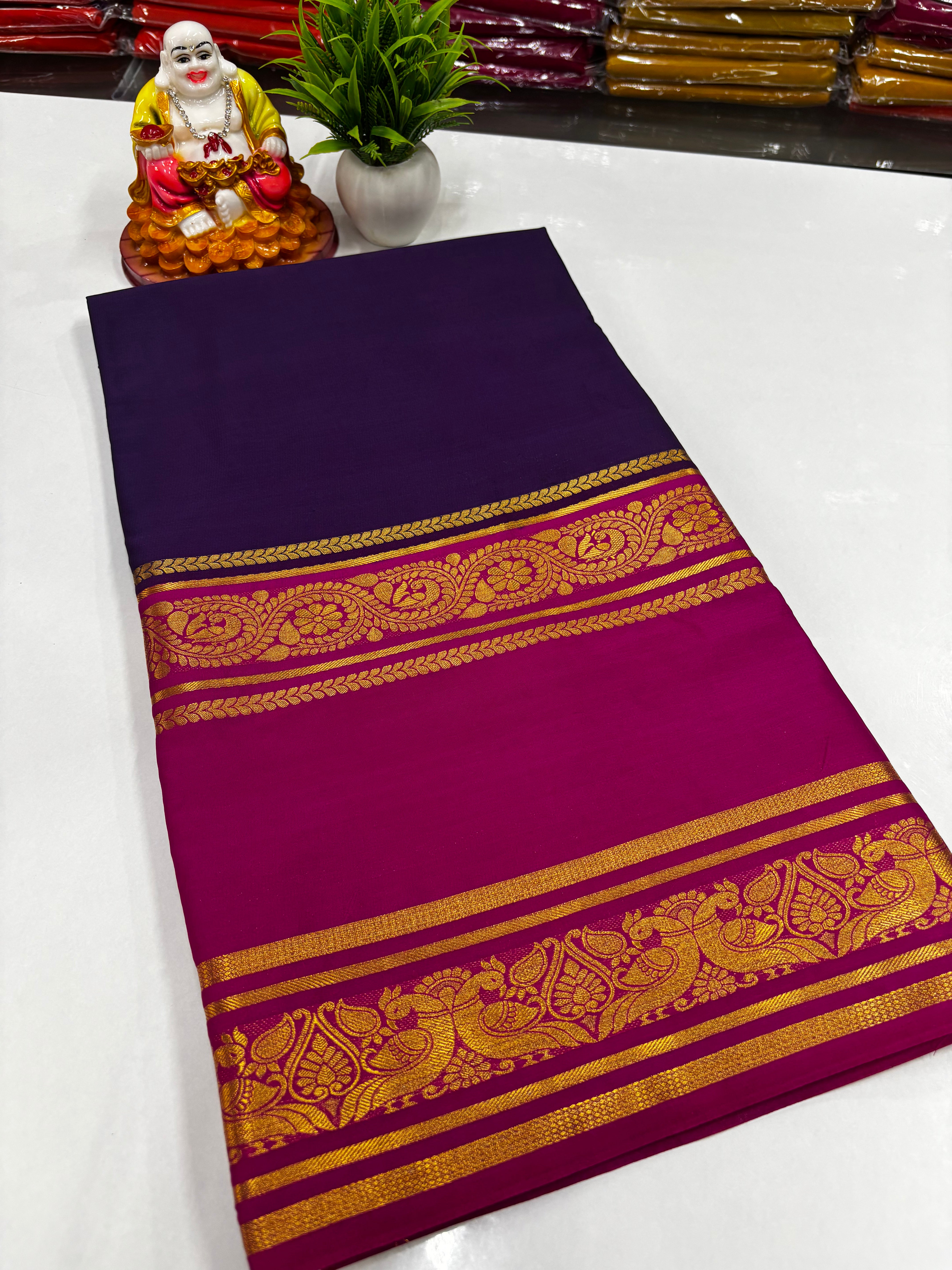 Mysore Crepe Silk Saree – Peacock Bentex Border Elegance by Padmavathi Silks and Sarees ✨