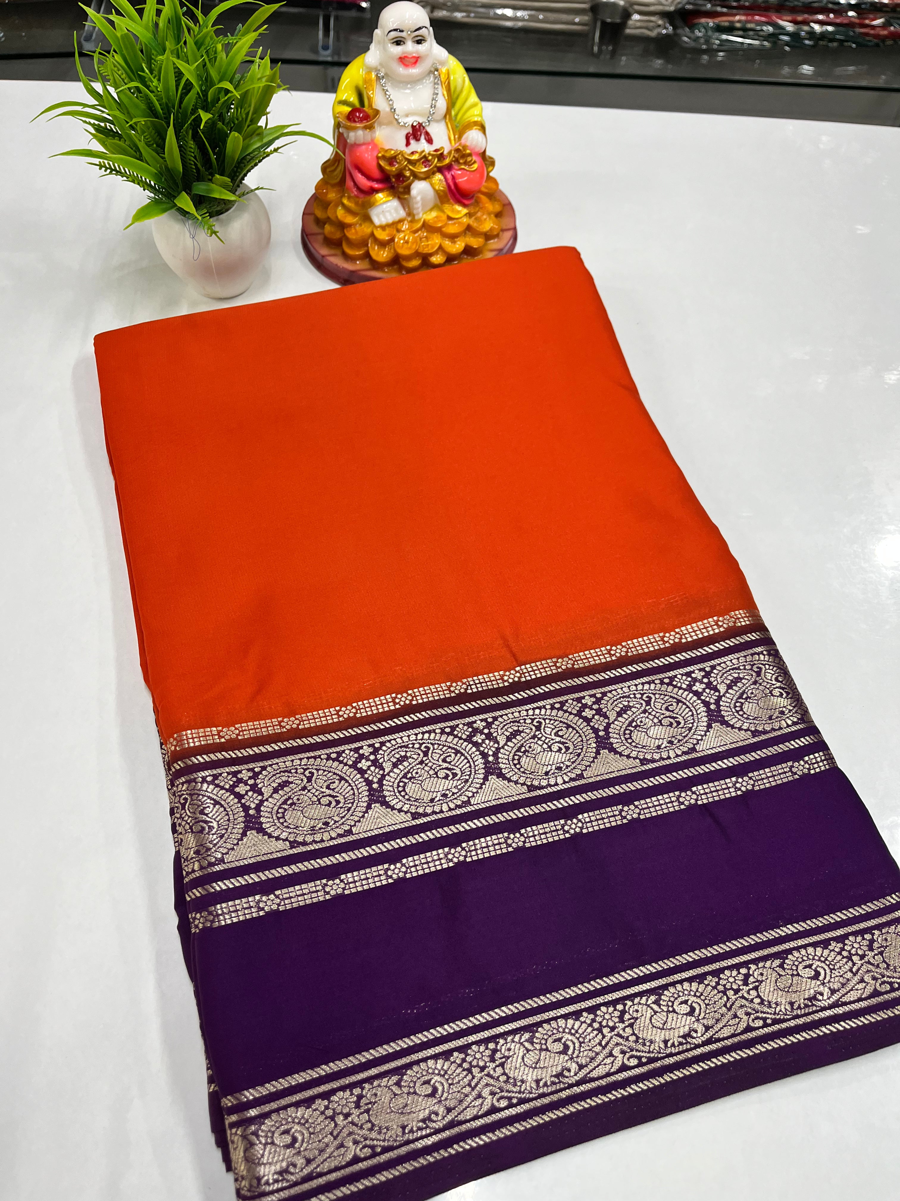 Mysore Crepe Silk Saree with Beautiful Mango Bentex Border | Padmavathi Silks & Sarees