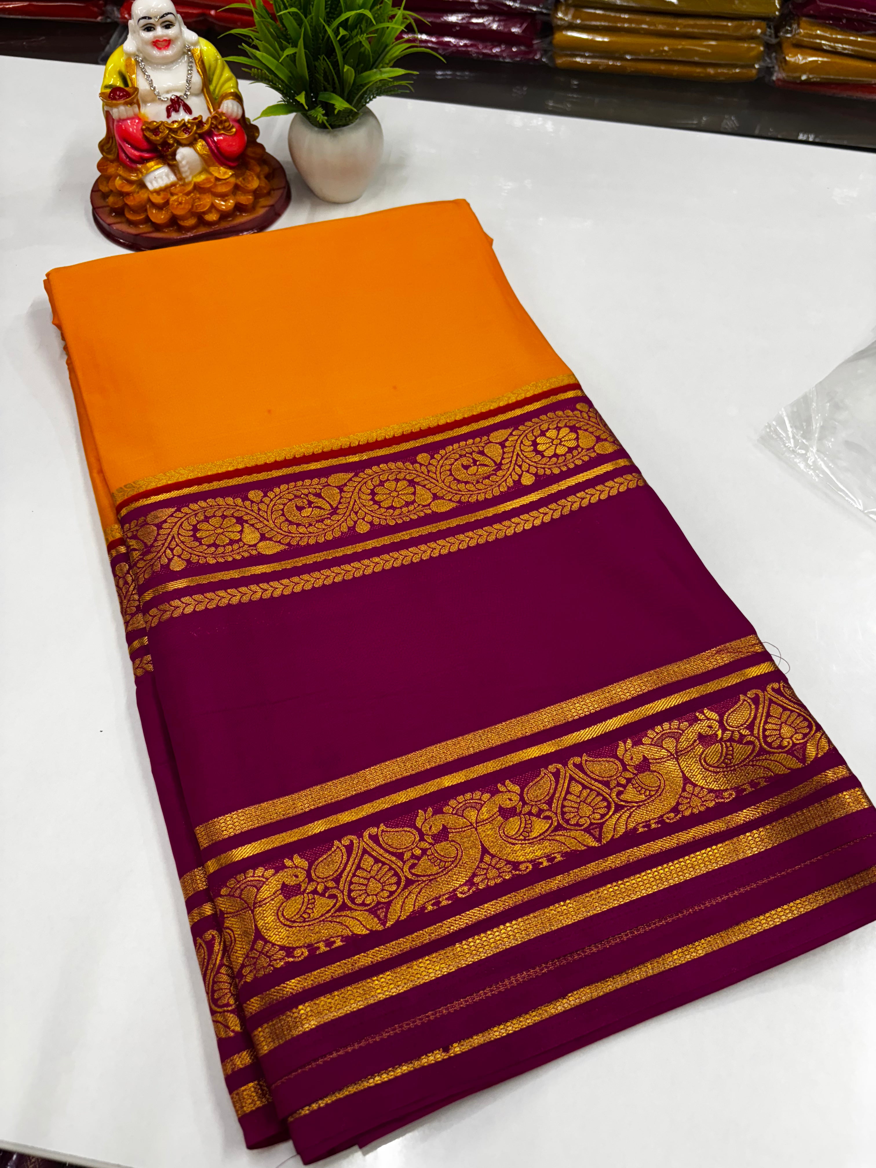 Mysore Crepe Silk Saree – Peacock Bentex Border Elegance by Padmavathi Silks and Sarees ✨