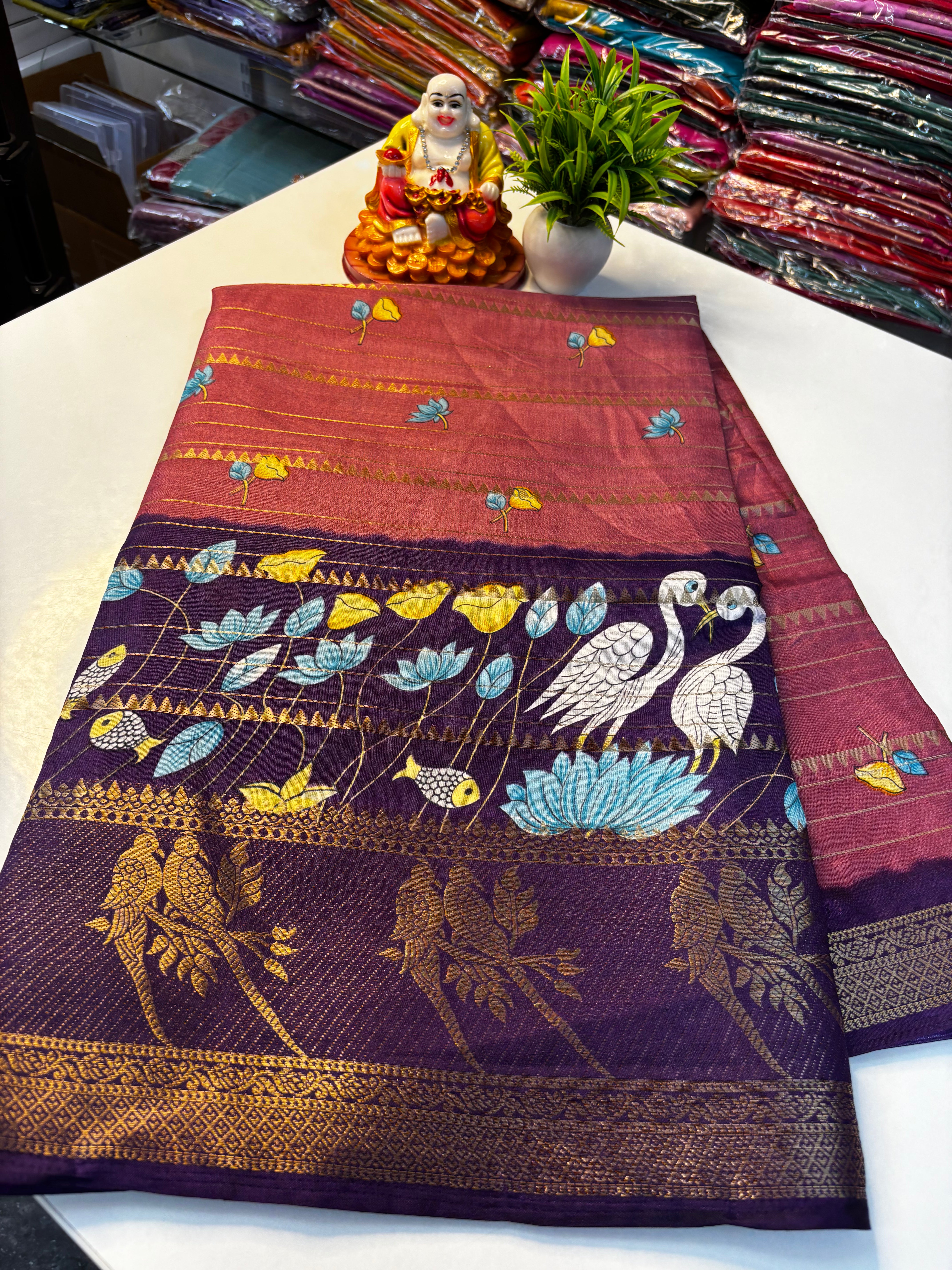 Premium Dola Silk Saree with Kalamkari Design – Padmavathi Silks and Sarees
