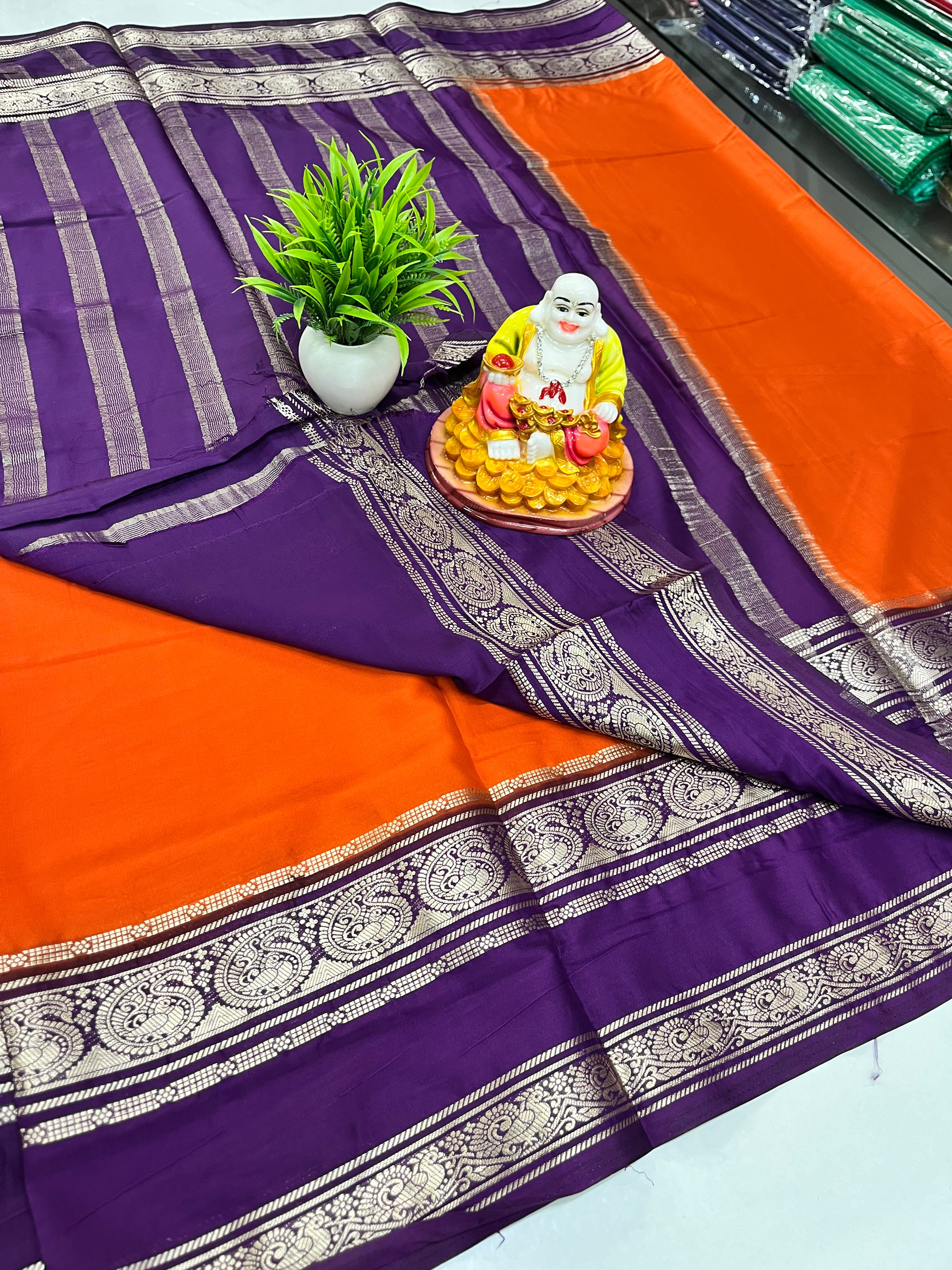 Mysore Crepe Silk Saree with Beautiful Mango Bentex Border | Padmavathi Silks & Sarees