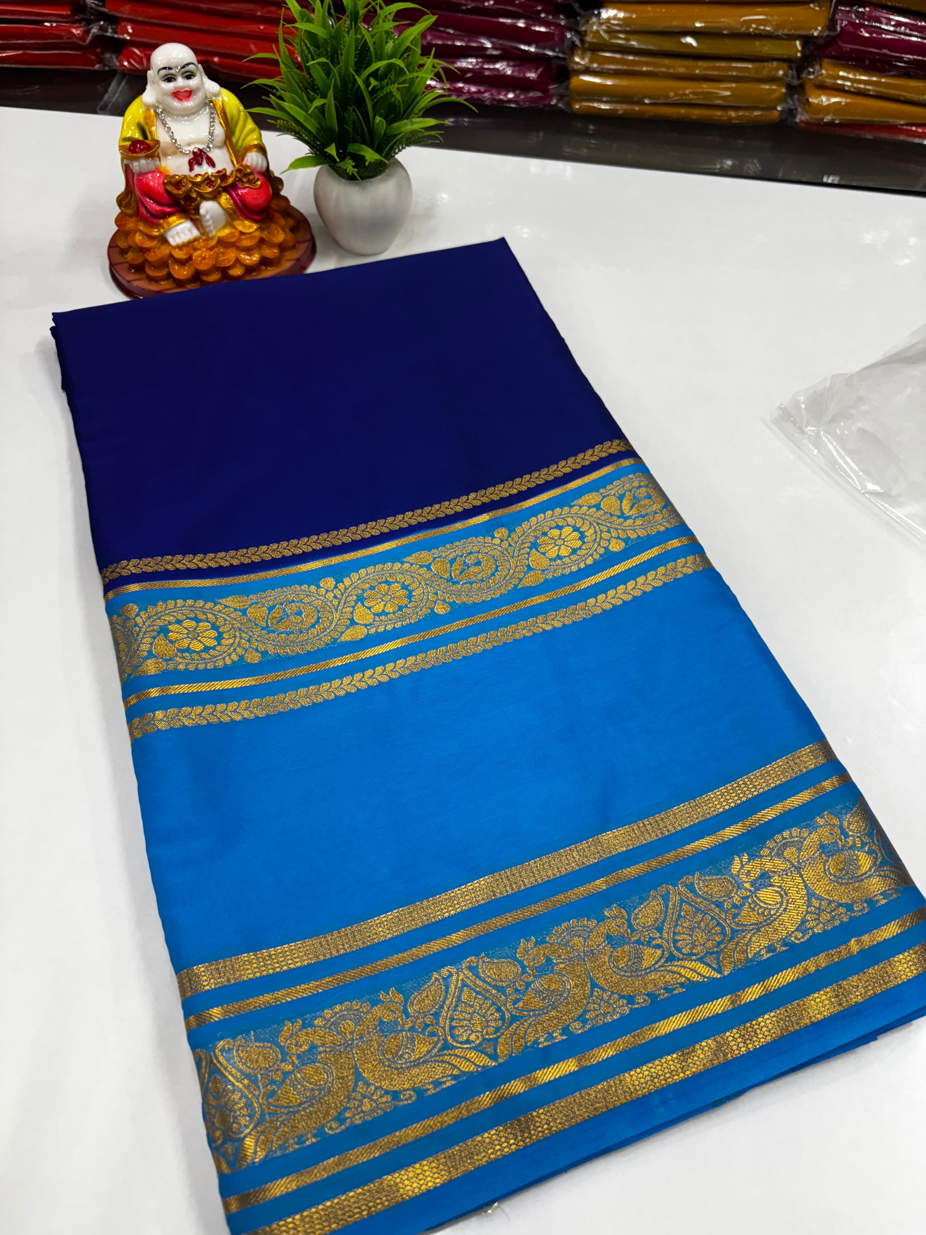 Mysore Crepe Silk Saree – Peacock Bentex Border Elegance by Padmavathi Silks and Sarees ✨
