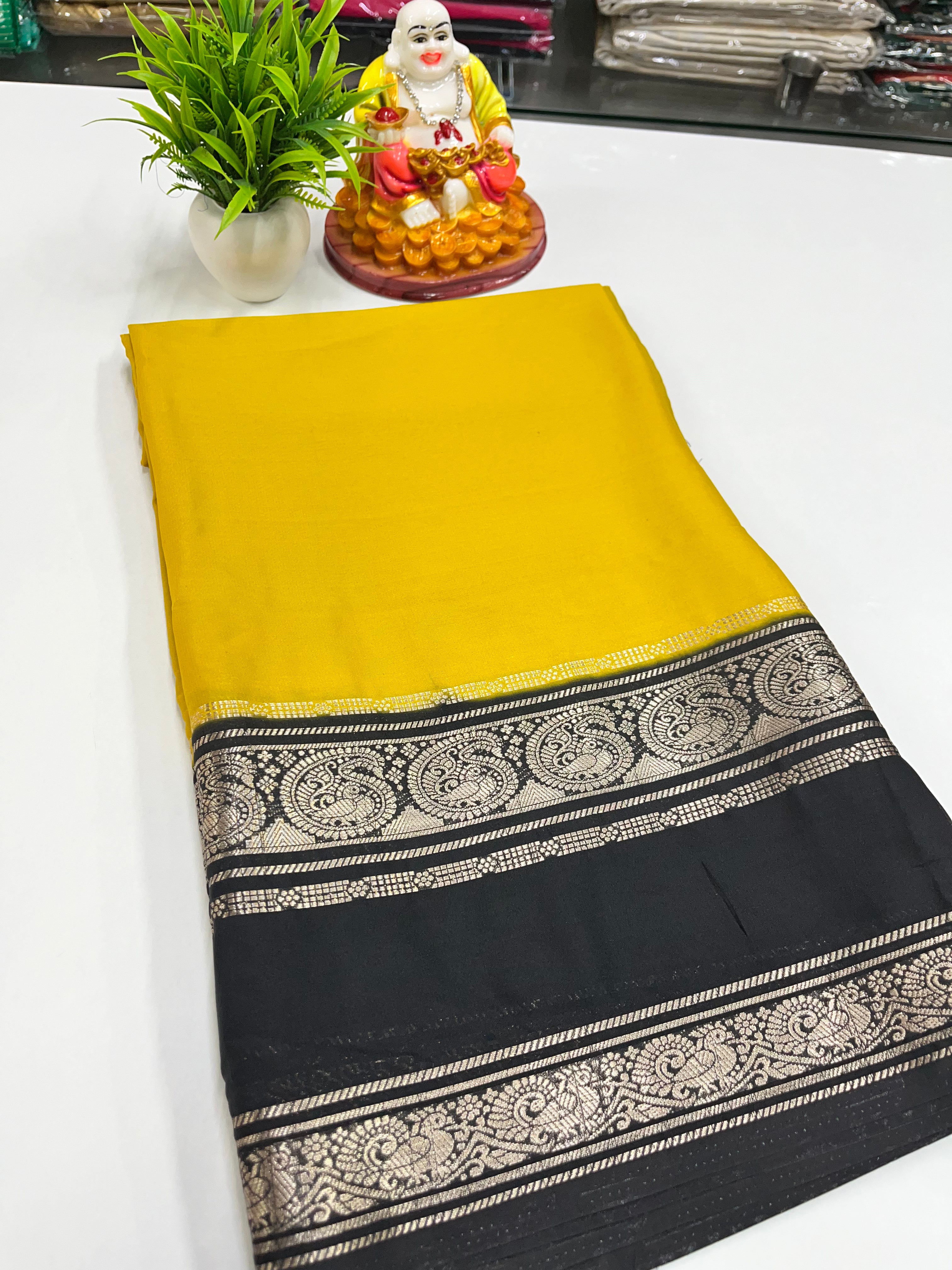 Mysore Crepe Silk Saree with Beautiful Mango Bentex Border | Padmavathi Silks & Sarees